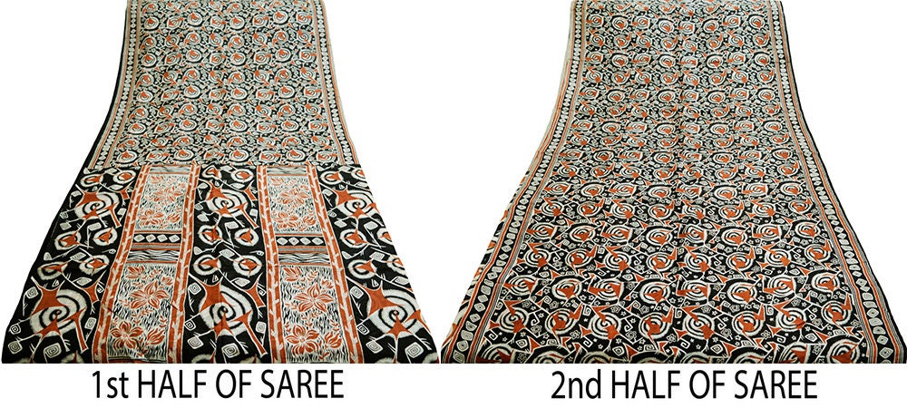 Indian Vintage Sari Black 100% Pure Silk Printed Saree Fabric 5yard Sewing Craft DressMaking Abstract