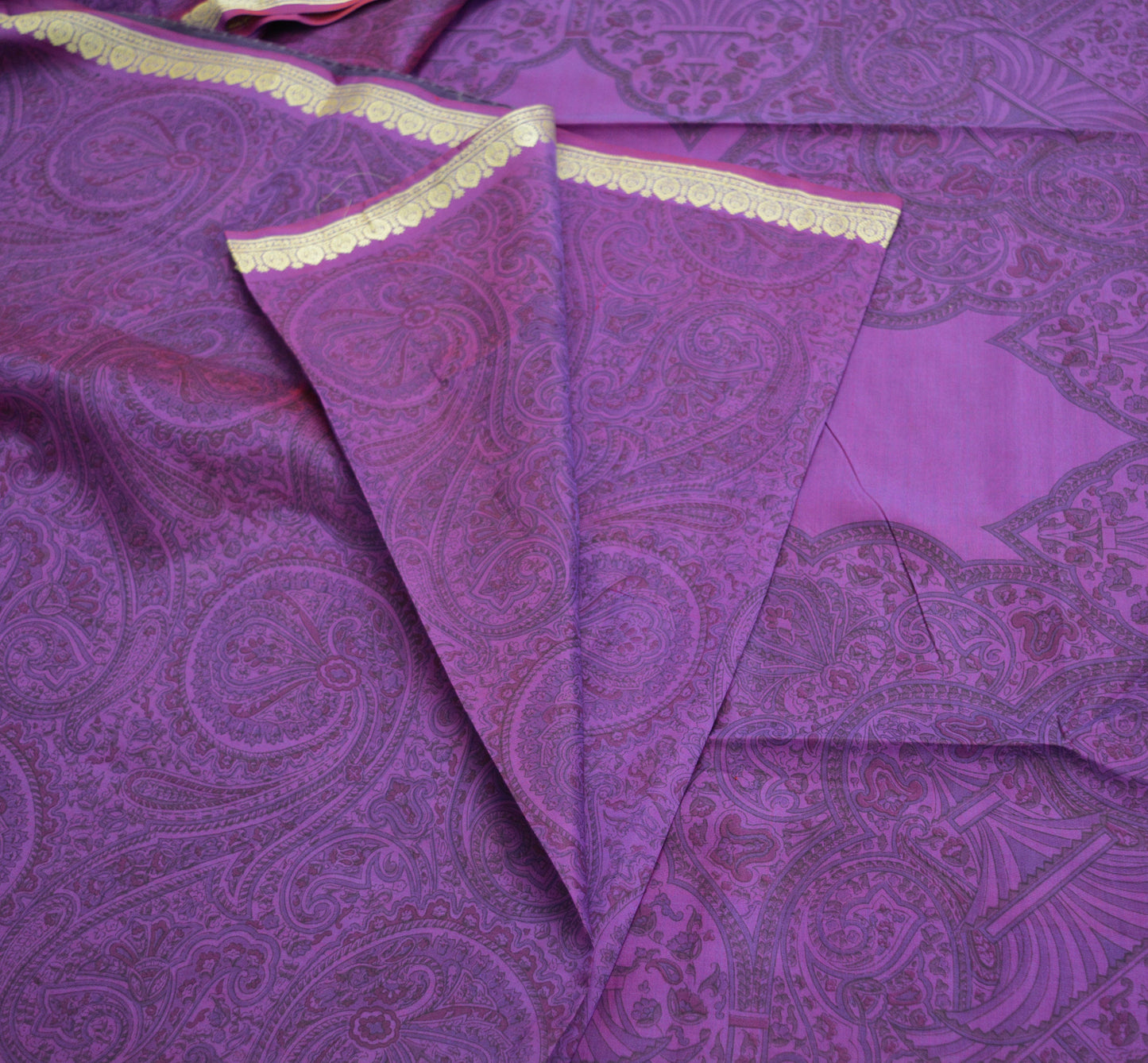 Indian Vintage Sari Purple Pure Silk Woven Printed Saree Craft Fabric 5yd Sewing DressMaking Soft Woven Border
