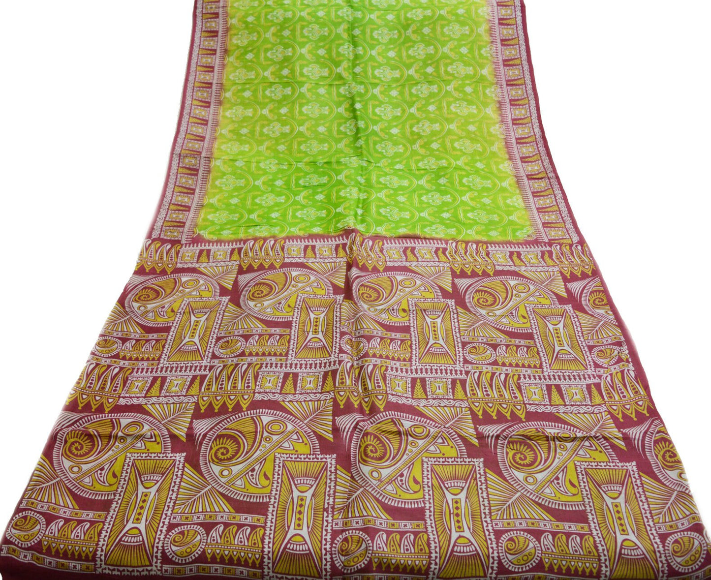 Indian Vintage Sari Maroon & Green Pure Silk Printed Saree Fabric 5yard Sewing Craft DressMaking