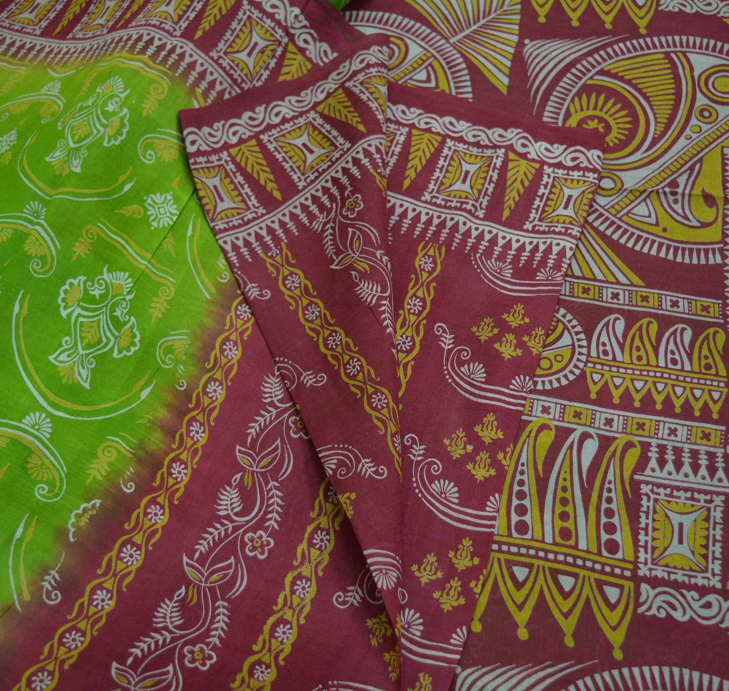 Indian Vintage Sari Maroon & Green Pure Silk Printed Saree Fabric 5yard Sewing Craft DressMaking