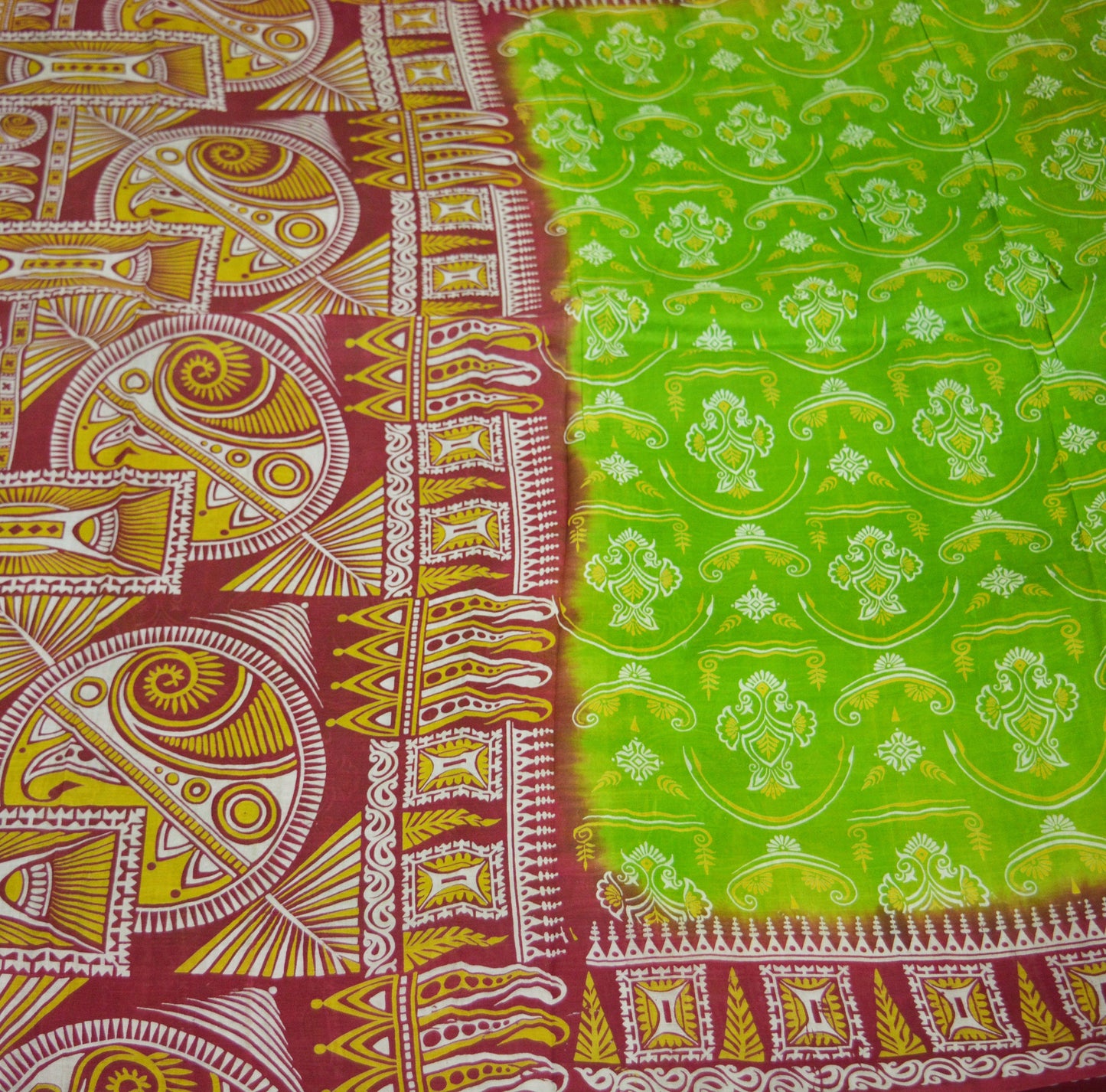 Indian Vintage Sari Maroon & Green Pure Silk Printed Saree Fabric 5yard Sewing Craft DressMaking