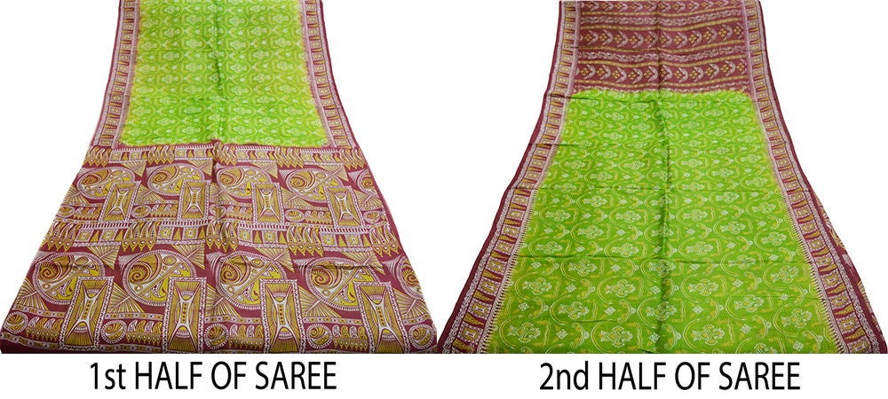 Indian Vintage Sari Maroon & Green Pure Silk Printed Saree Fabric 5yard Sewing Craft DressMaking