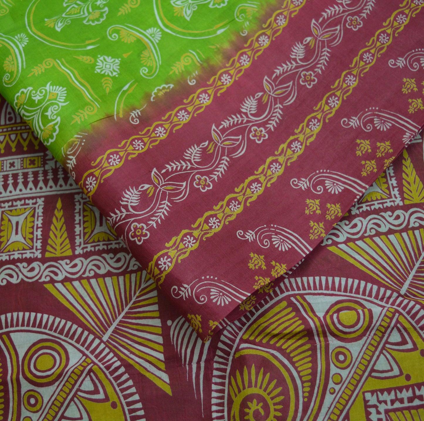 Indian Vintage Sari Maroon & Green Pure Silk Printed Saree Fabric 5yard Sewing Craft DressMaking