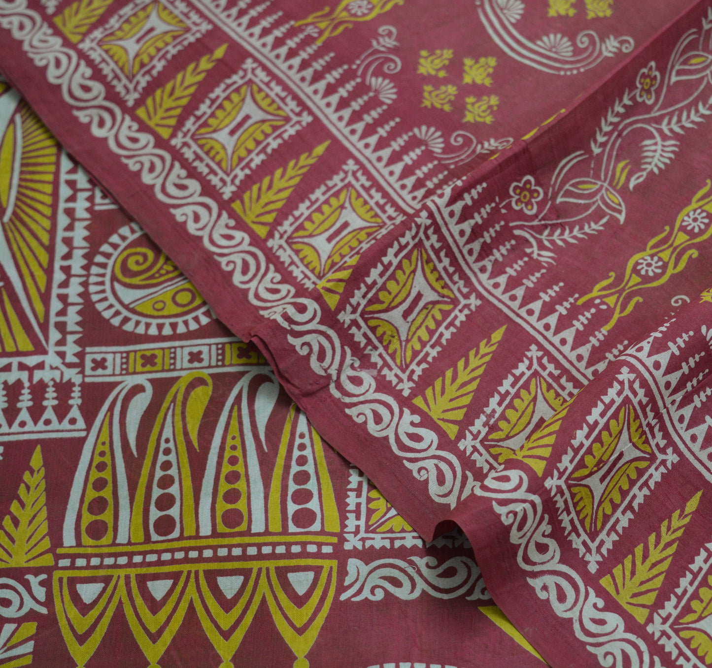 Indian Vintage Sari Maroon & Green Pure Silk Printed Saree Fabric 5yard Sewing Craft DressMaking