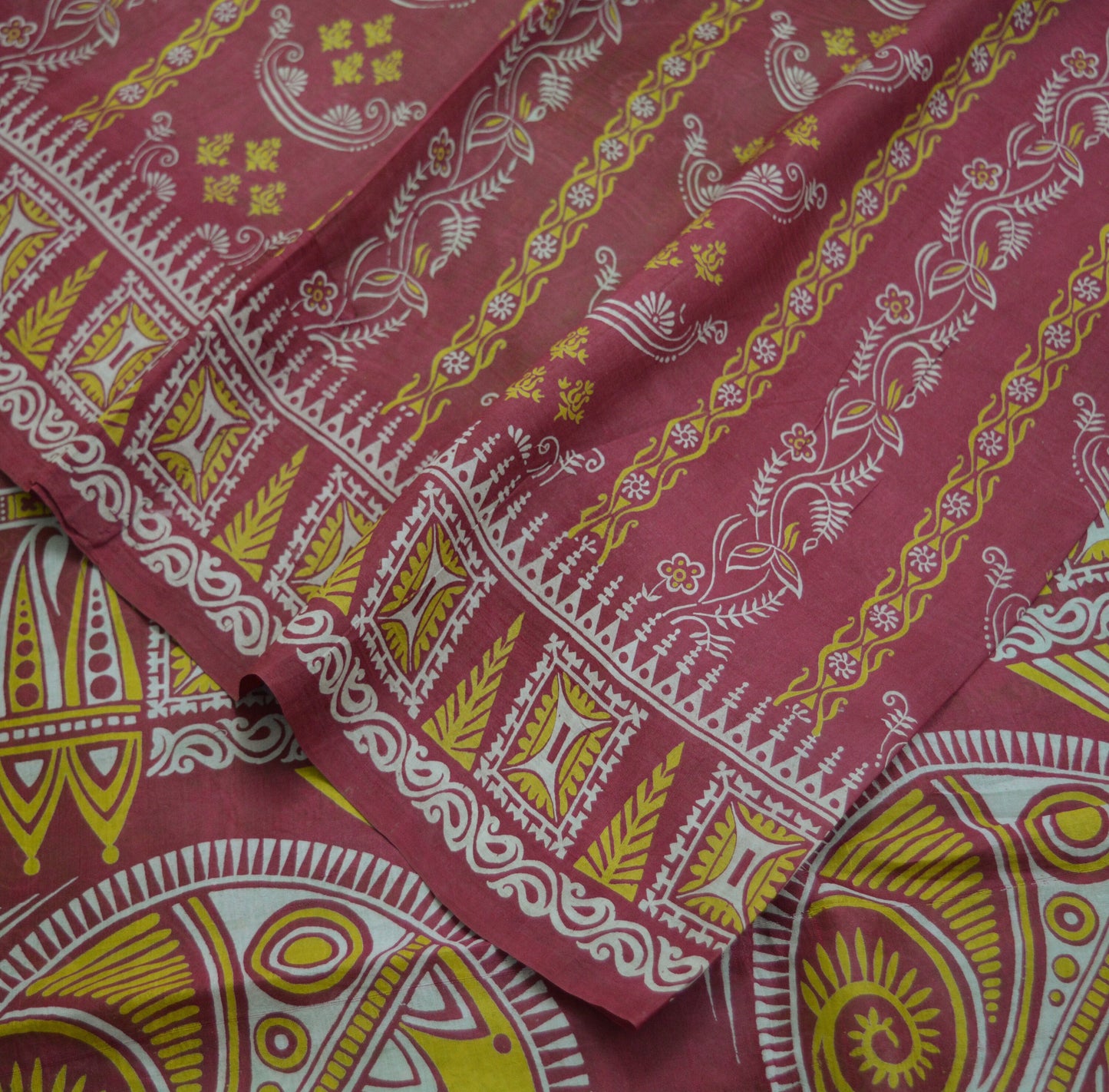 Indian Vintage Sari Maroon & Green Pure Silk Printed Saree Fabric 5yard Sewing Craft DressMaking