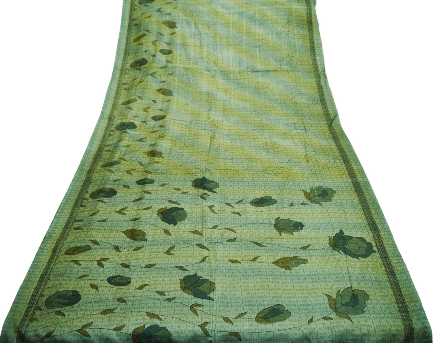 Indian Vintage Sari Green Pure Silk Printed Saree Fabric 6yd Sewing Craft DressMaking Soft Floral Design