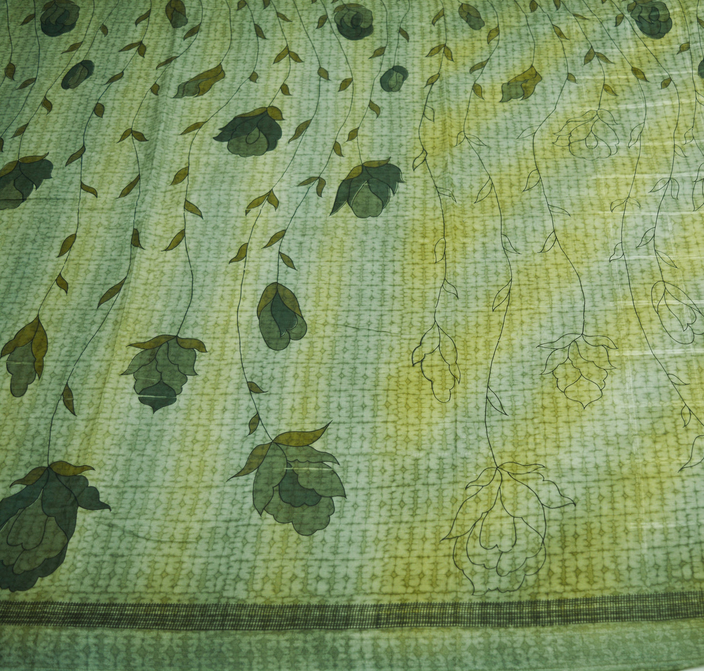 Indian Vintage Sari Green Pure Silk Printed Saree Fabric 6yd Sewing Craft DressMaking Soft Floral Design