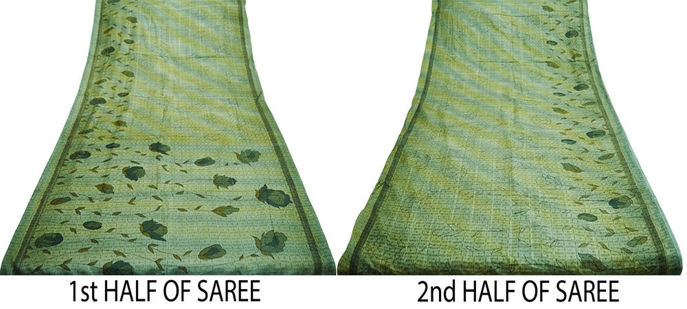Indian Vintage Sari Green Pure Silk Printed Saree Fabric 6yd Sewing Craft DressMaking Soft Floral Design