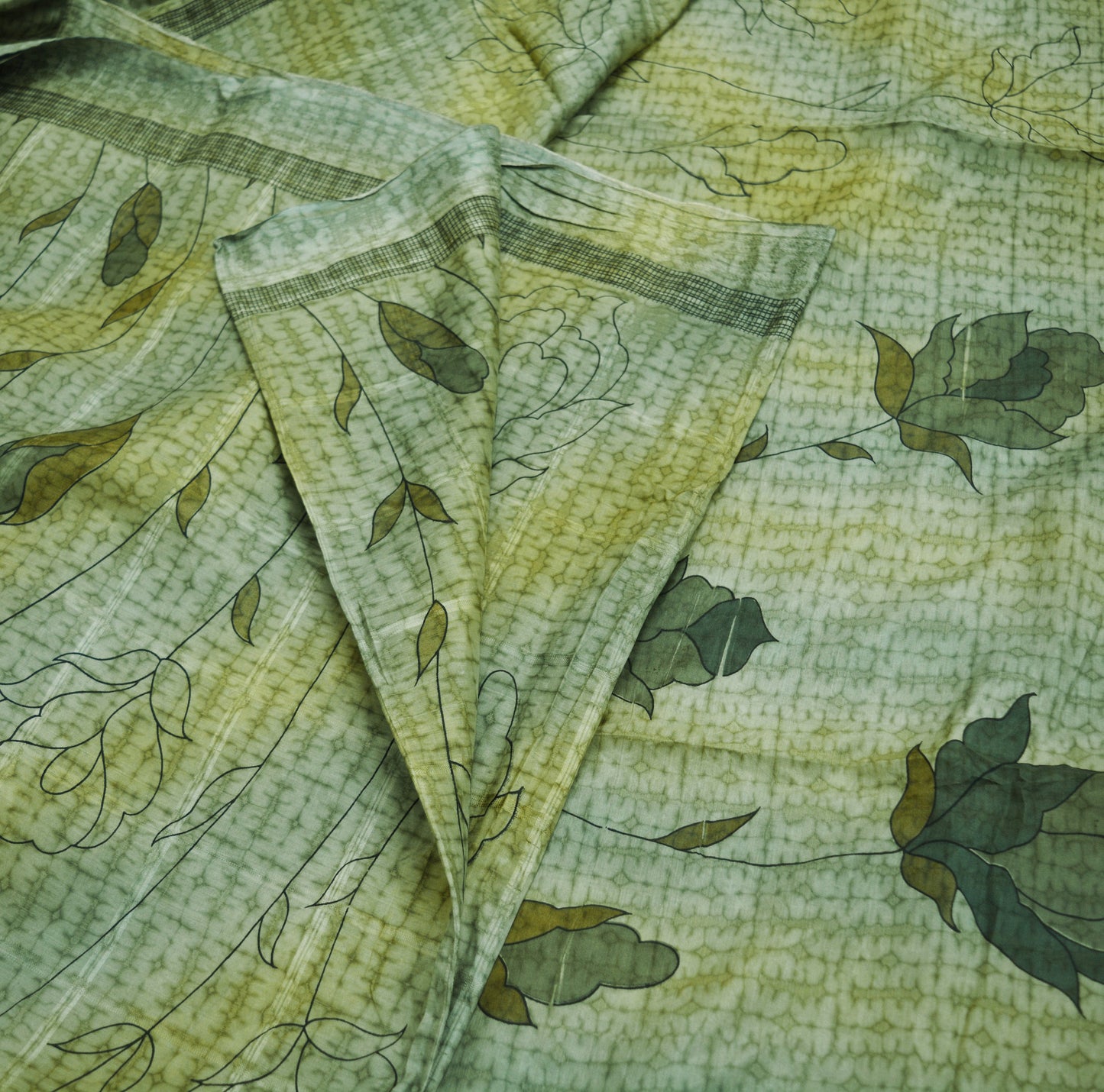 Indian Vintage Sari Green Pure Silk Printed Saree Fabric 6yd Sewing Craft DressMaking Soft Floral Design