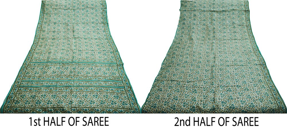 Indian Vintage Sari Cream Pure Khadi Silk Printed Saree Fabric 6yard Sewing Craft DressMaking Soft Floral