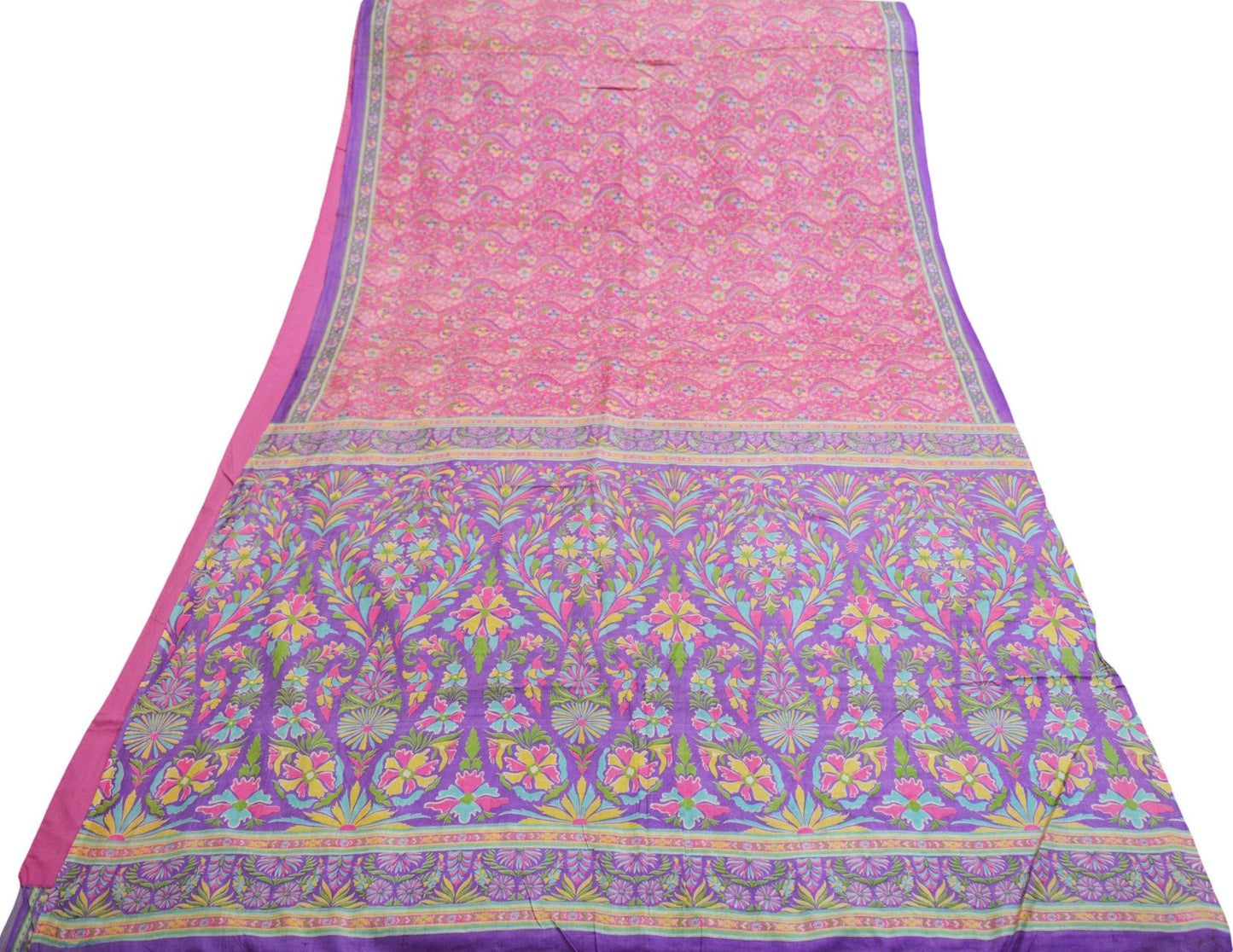 Indian Vintage Sari Purple & Pink 100% Pure Silk Printed Saree Fabric 6yard Sewing Craft DressMaking Soft Floral