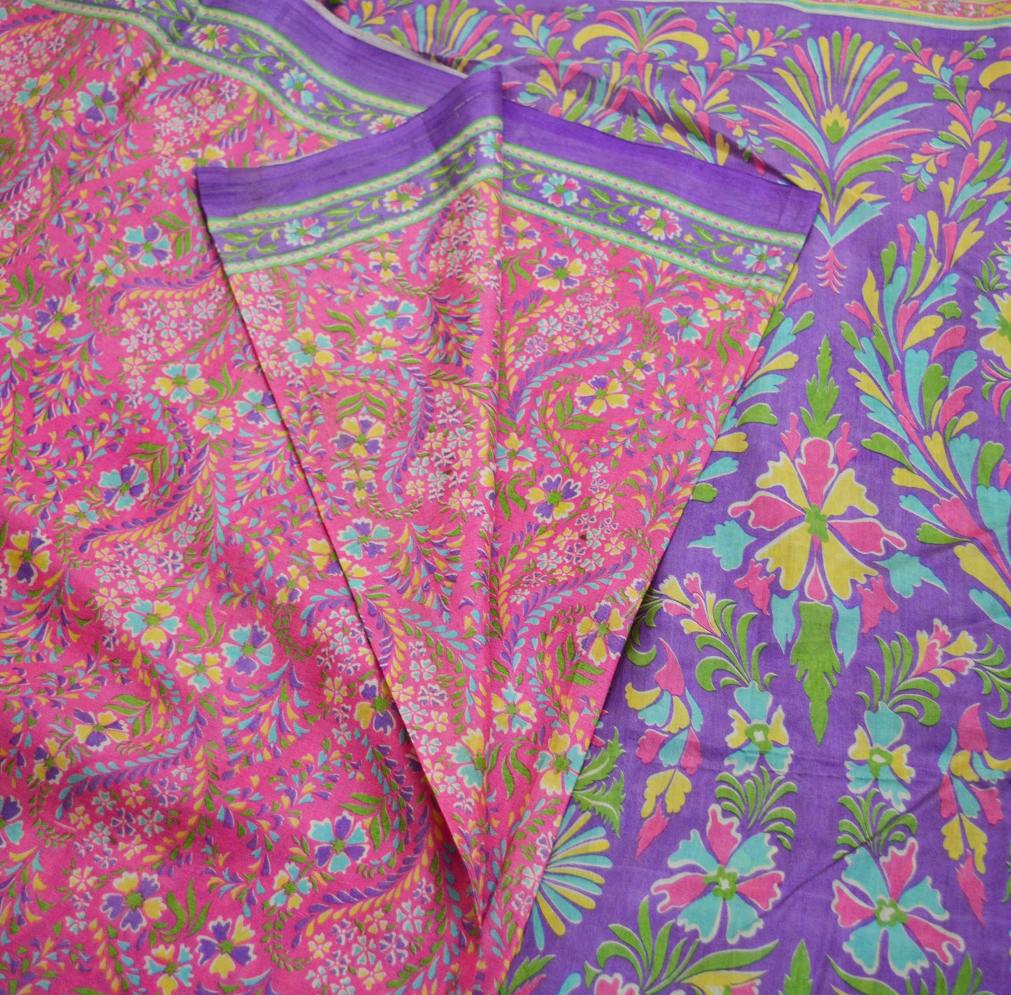 Indian Vintage Sari Purple & Pink 100% Pure Silk Printed Saree Fabric 6yard Sewing Craft DressMaking Soft Floral