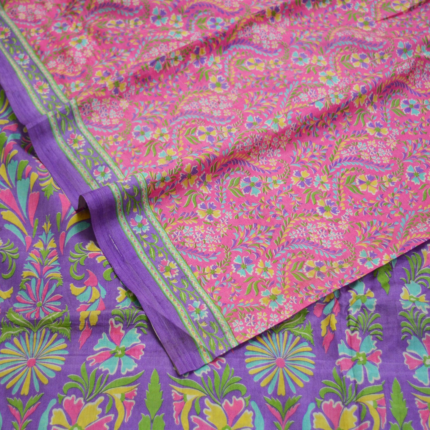Indian Vintage Sari Purple & Pink 100% Pure Silk Printed Saree Fabric 6yard Sewing Craft DressMaking Soft Floral