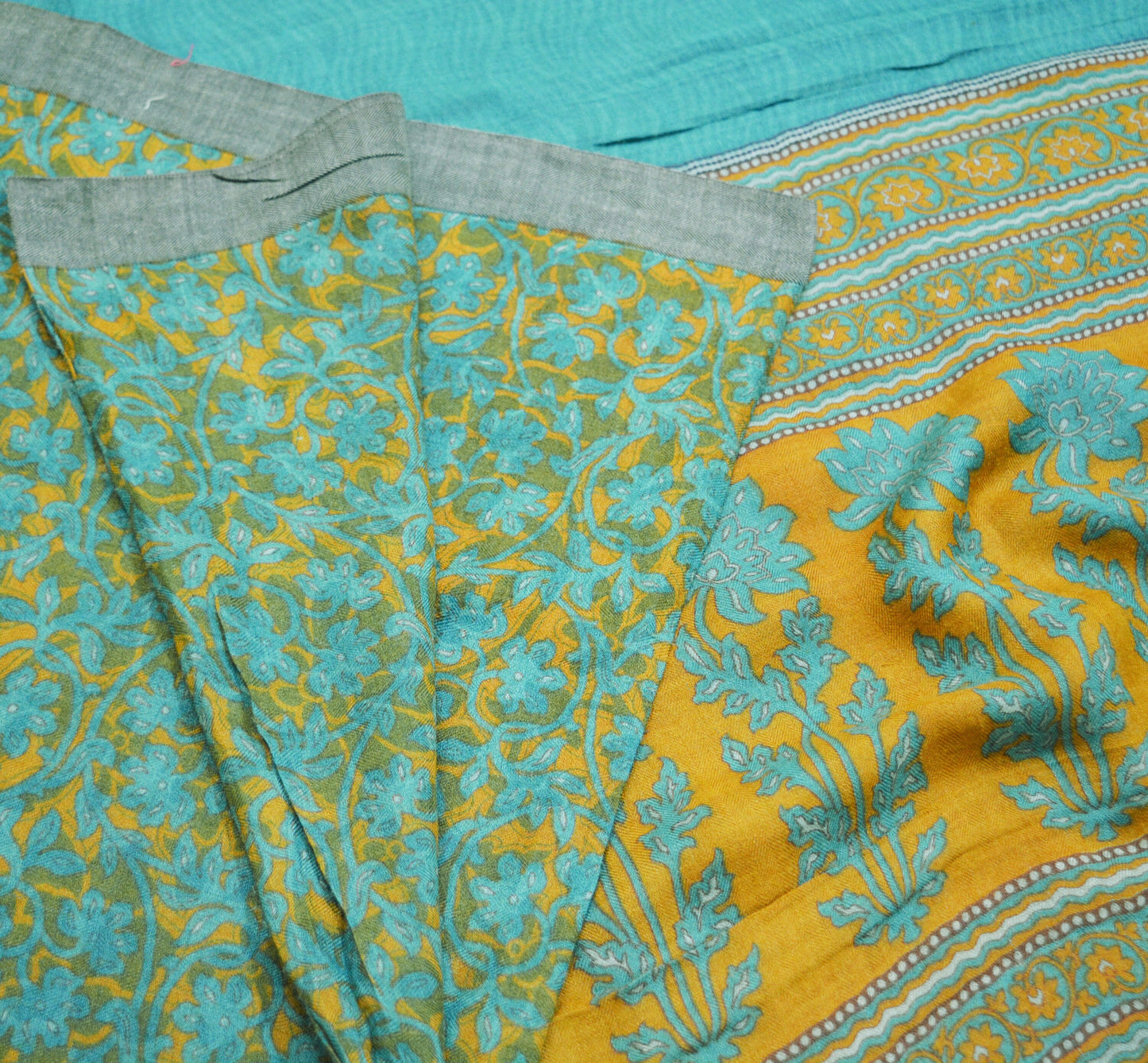 Vintage Green & Mustard Heavy Saree Pure Woolen Woven Printed Indian Sari Soft Warm Fabric 5Yard Floral Woven Border