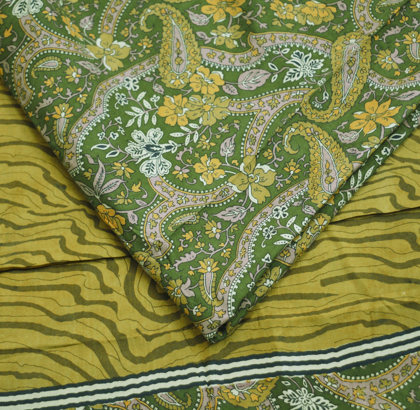 Indian Vintage Sari Green Pure Silk Printed Saree Fabric 5yd Sewing Craft DressMaking Soft Paisley Design