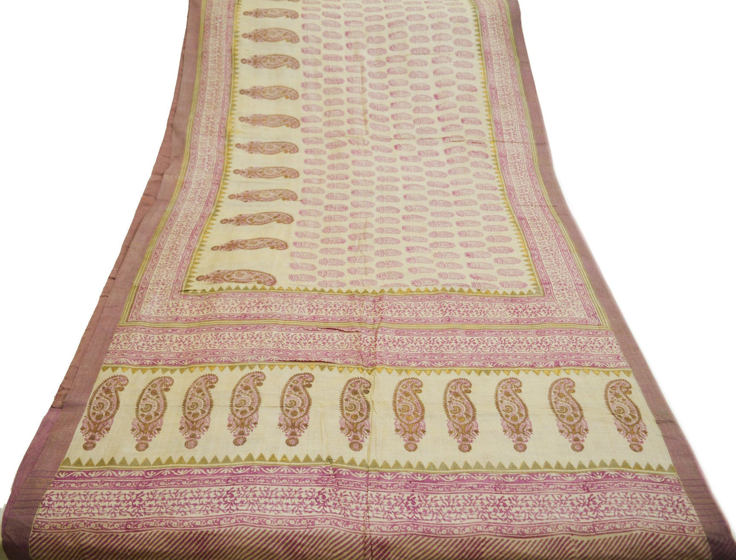 Vintage Ivory Heavy Saree Pure Woolen Woven Painted/Printed Indian Sari Soft Warm Fabric 5Yard Zigzag Woven Border Fringes