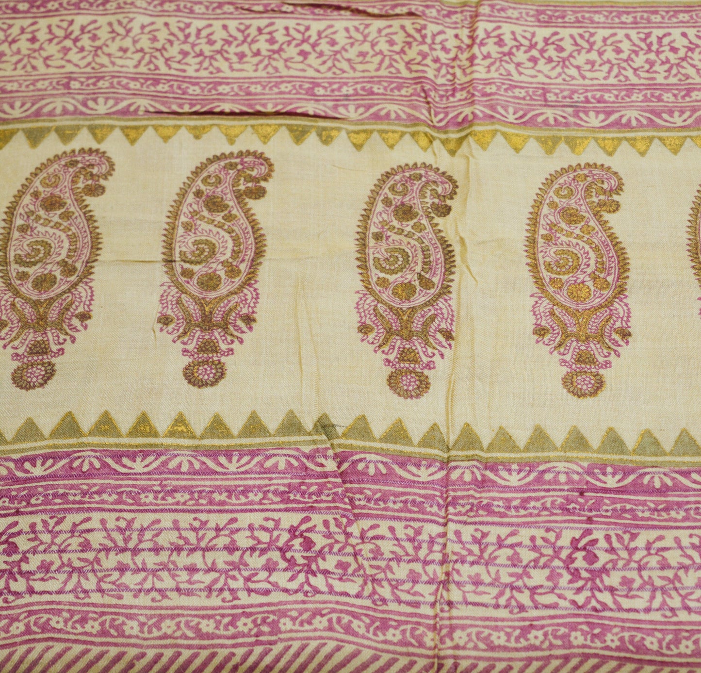 Vintage Ivory Heavy Saree Pure Woolen Woven Painted/Printed Indian Sari Soft Warm Fabric 5Yard Zigzag Woven Border Fringes