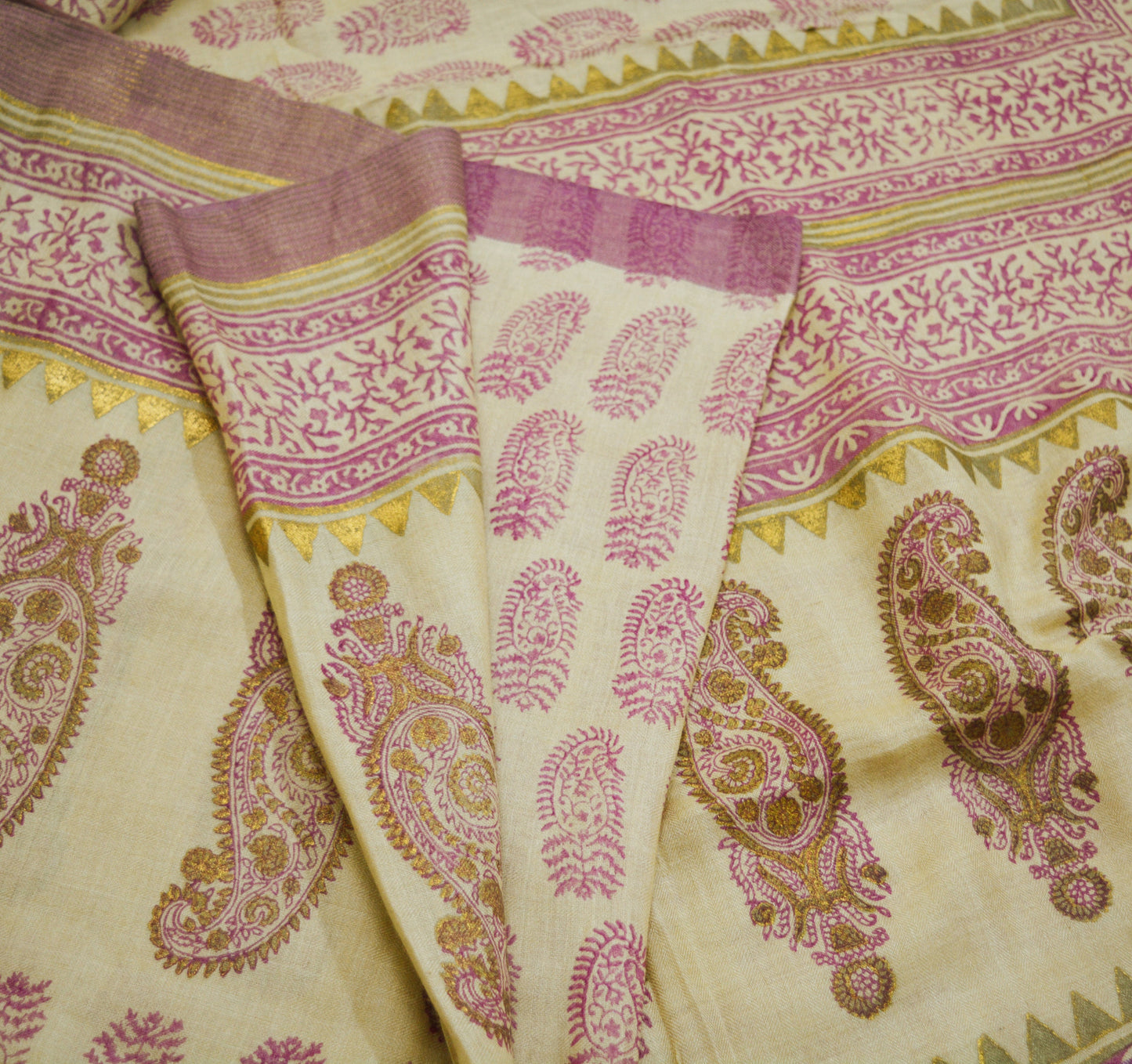 Vintage Ivory Heavy Saree Pure Woolen Woven Painted/Printed Indian Sari Soft Warm Fabric 5Yard Zigzag Woven Border Fringes
