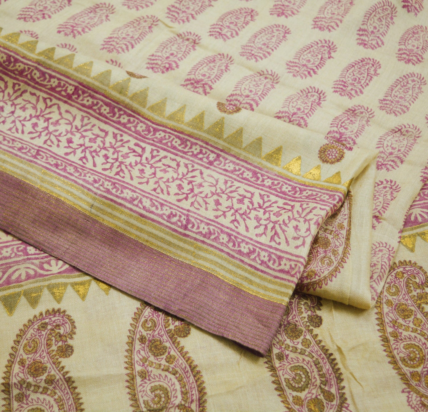 Vintage Ivory Heavy Saree Pure Woolen Woven Painted/Printed Indian Sari Soft Warm Fabric 5Yard Zigzag Woven Border Fringes