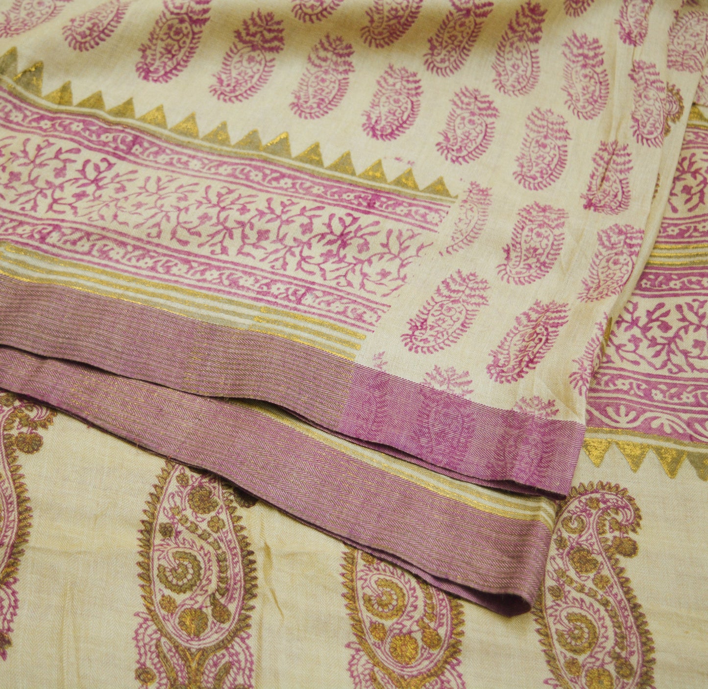 Vintage Ivory Heavy Saree Pure Woolen Woven Painted/Printed Indian Sari Soft Warm Fabric 5Yard Zigzag Woven Border Fringes