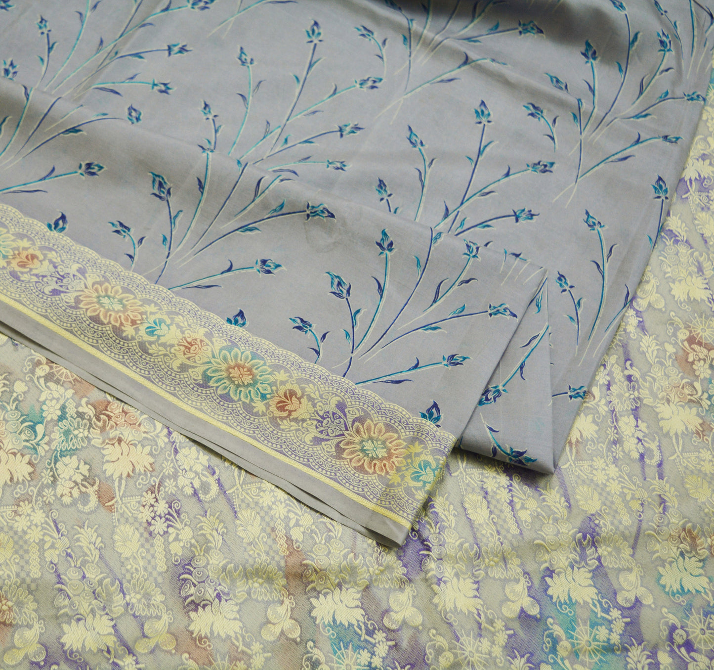 Indian Vintage Sari Gray 100% Pure Silk Printed Woven Sarees Fabric 5yd Sewing Craft Fabric DressMaking Soft Wrap