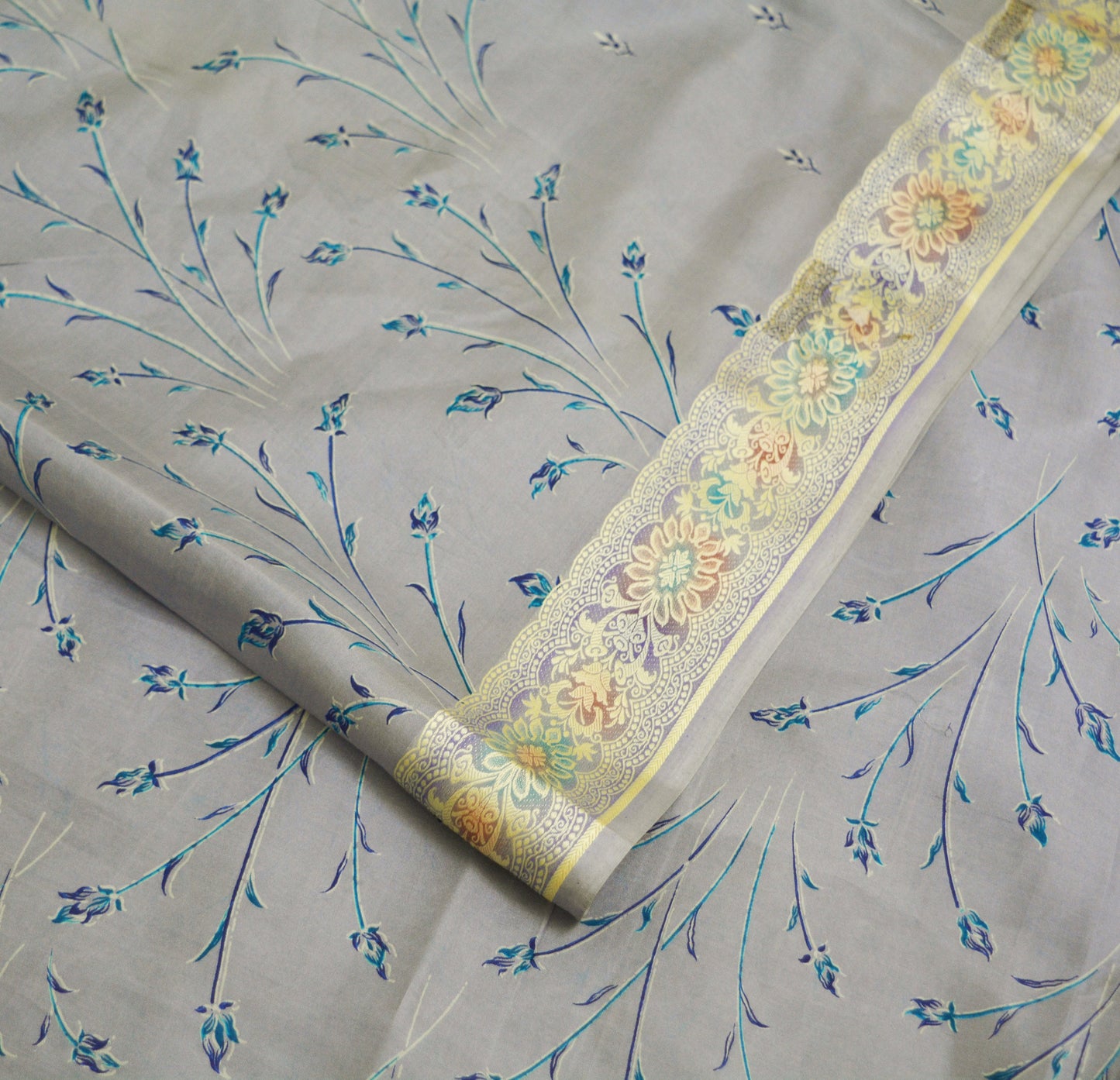 Indian Vintage Sari Gray 100% Pure Silk Printed Woven Sarees Fabric 5yd Sewing Craft Fabric DressMaking Soft Wrap