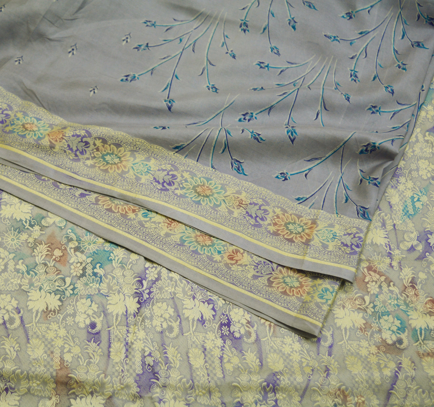 Indian Vintage Sari Gray 100% Pure Silk Printed Woven Sarees Fabric 5yd Sewing Craft Fabric DressMaking Soft Wrap
