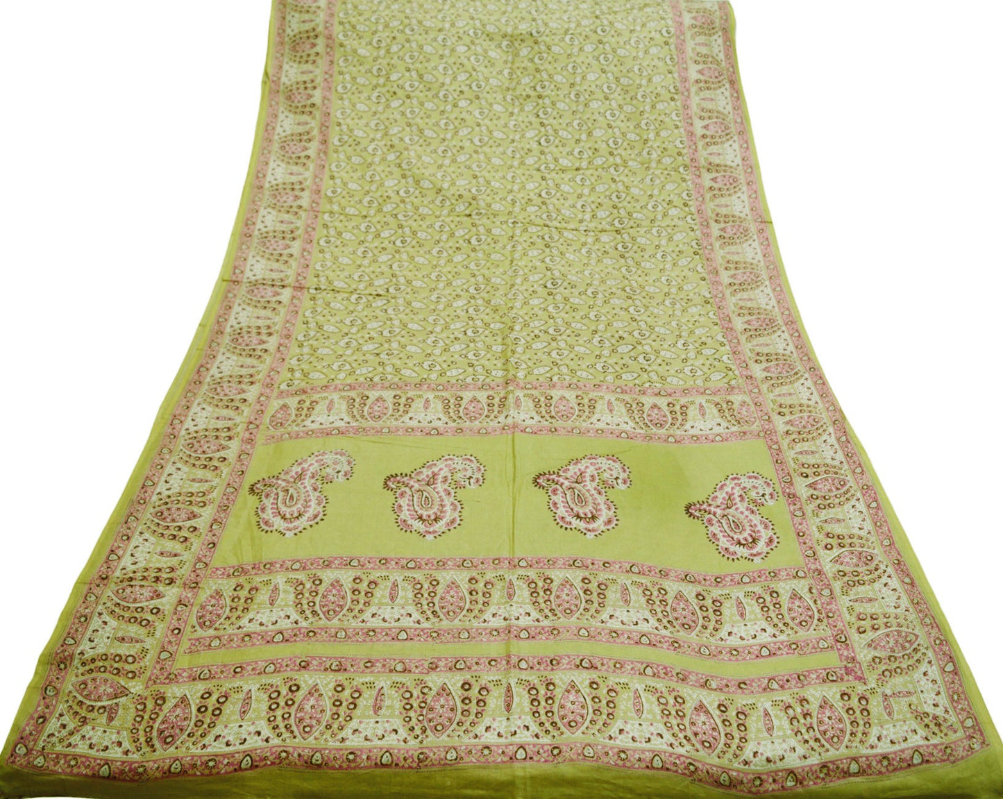 Indian Vintage Sari Beige Block Printed Pure Cotton Saree Craft Soft Fabric 5Yard Sewing Sarong Wrap Boho Floral