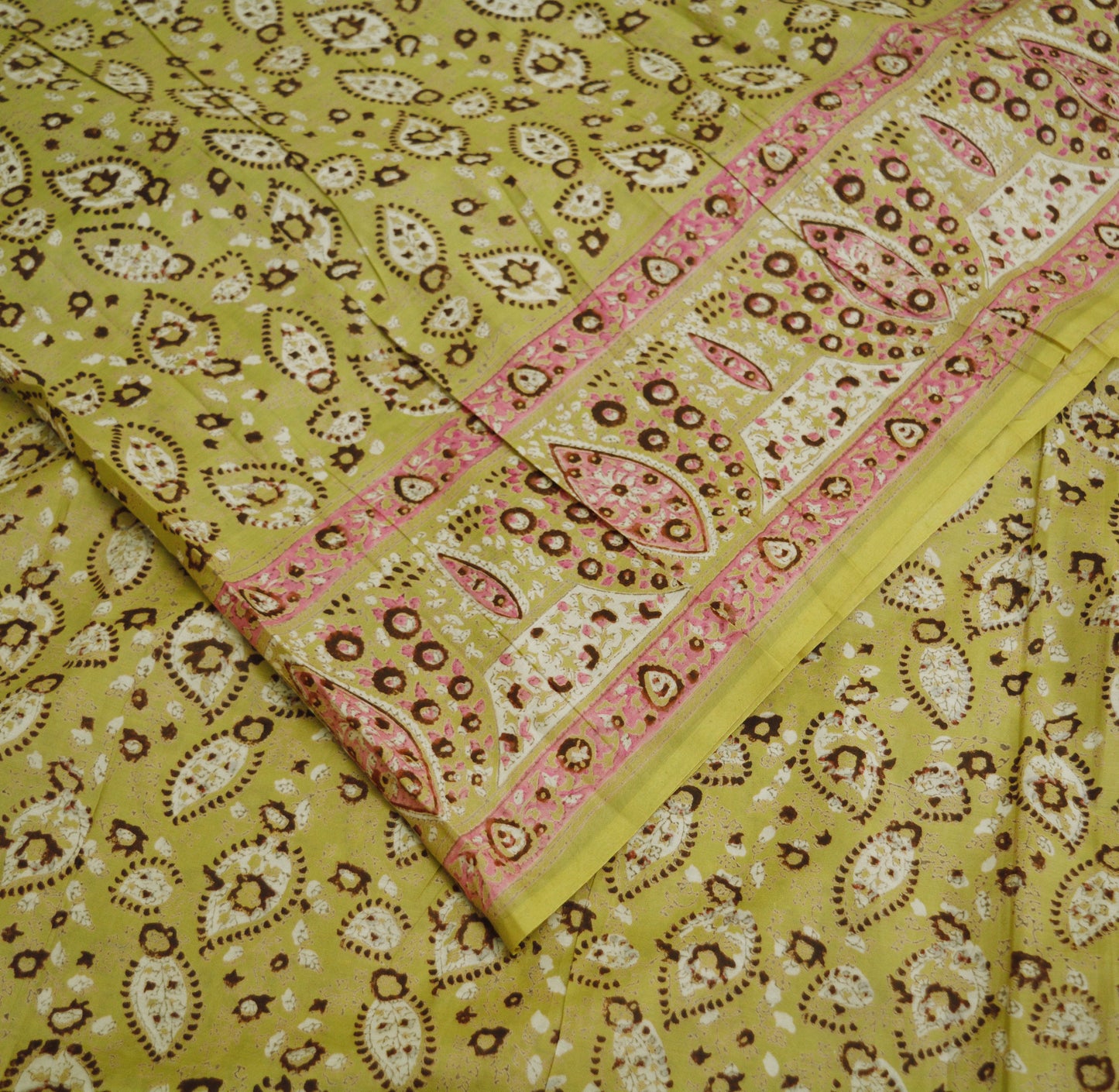 Indian Vintage Sari Beige Block Printed Pure Cotton Saree Craft Soft Fabric 5Yard Sewing Sarong Wrap Boho Floral