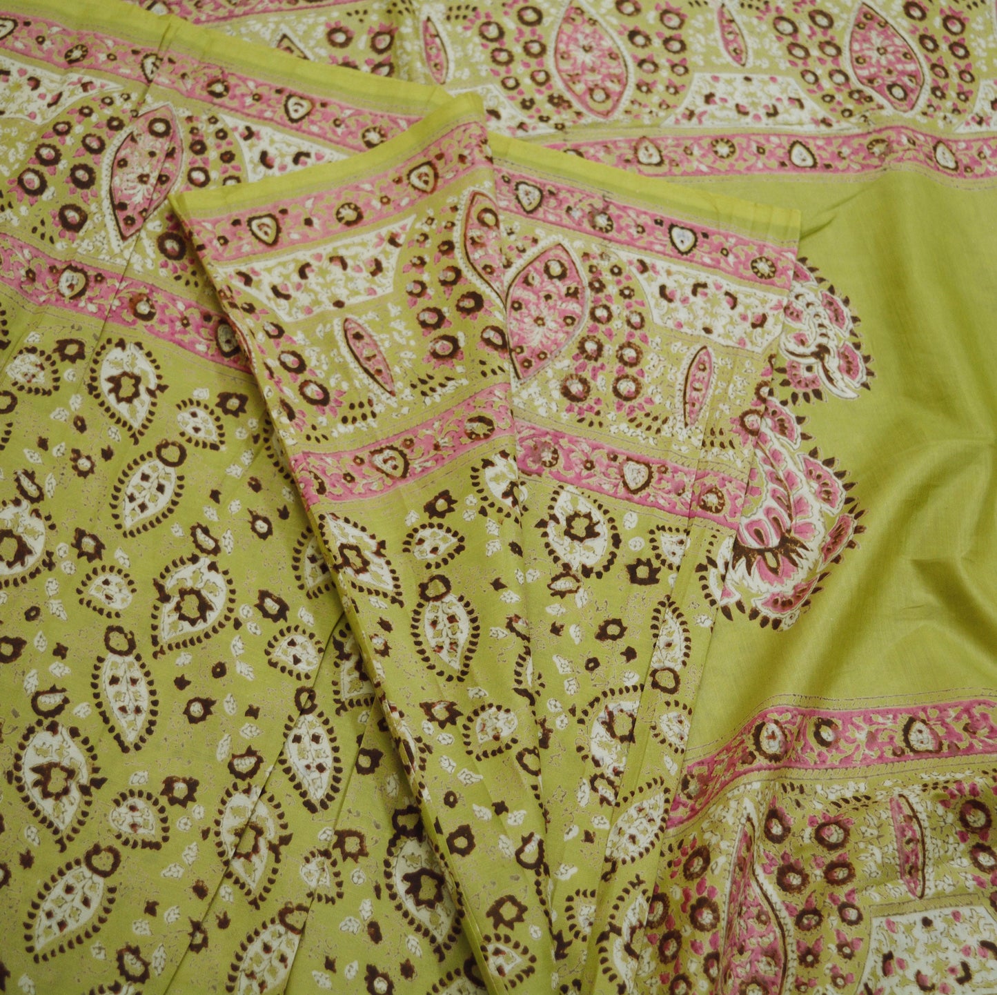 Indian Vintage Sari Beige Block Printed Pure Cotton Saree Craft Soft Fabric 5Yard Sewing Sarong Wrap Boho Floral