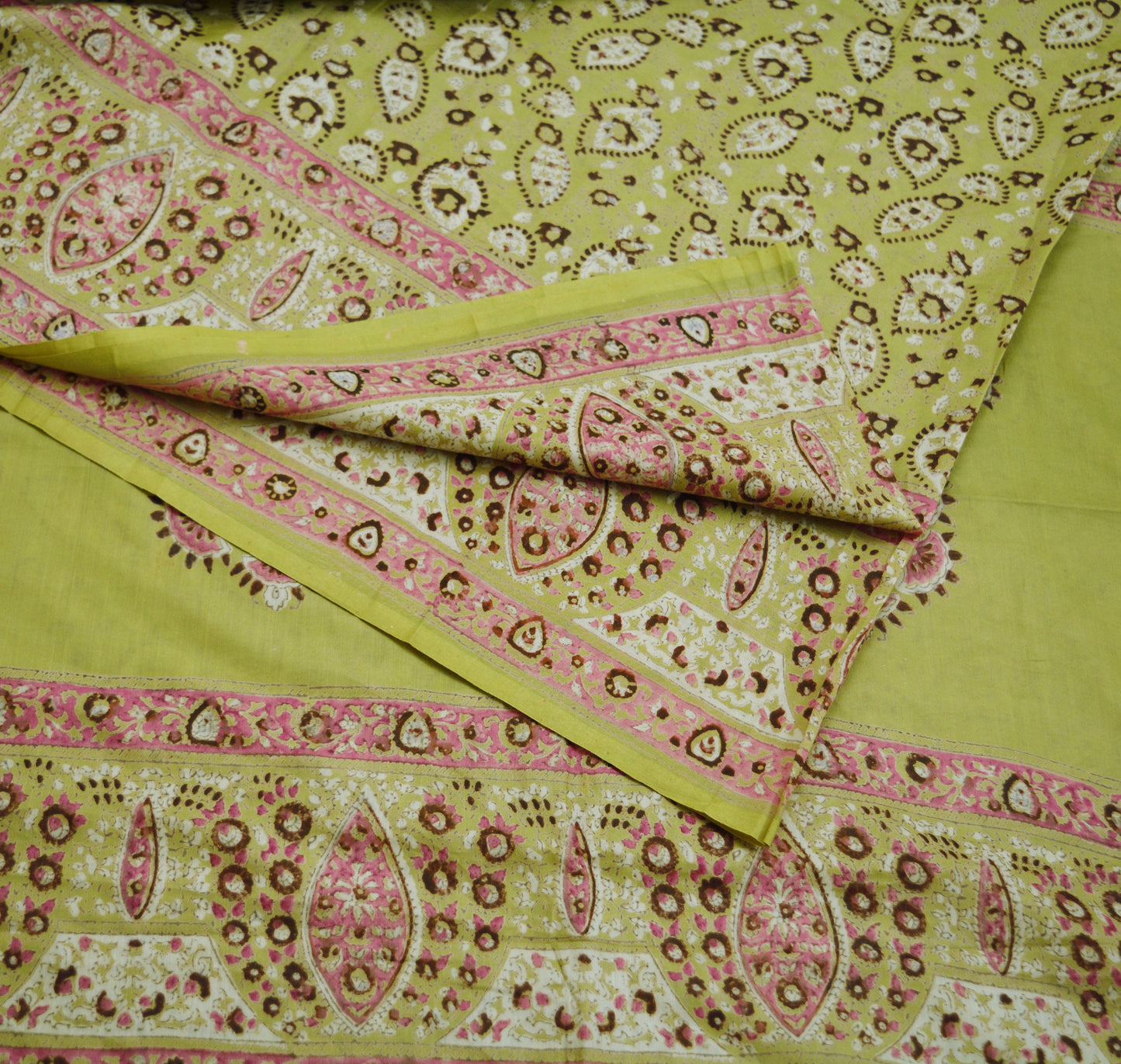 Indian Vintage Sari Beige Block Printed Pure Cotton Saree Craft Soft Fabric 5Yard Sewing Sarong Wrap Boho Floral