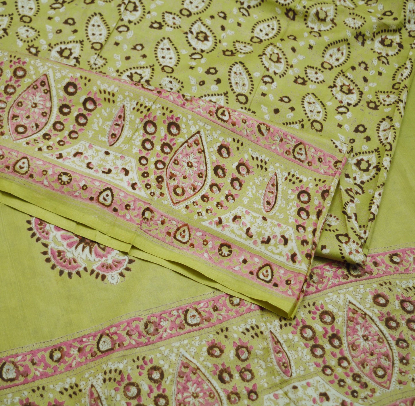 Indian Vintage Sari Beige Block Printed Pure Cotton Saree Craft Soft Fabric 5Yard Sewing Sarong Wrap Boho Floral