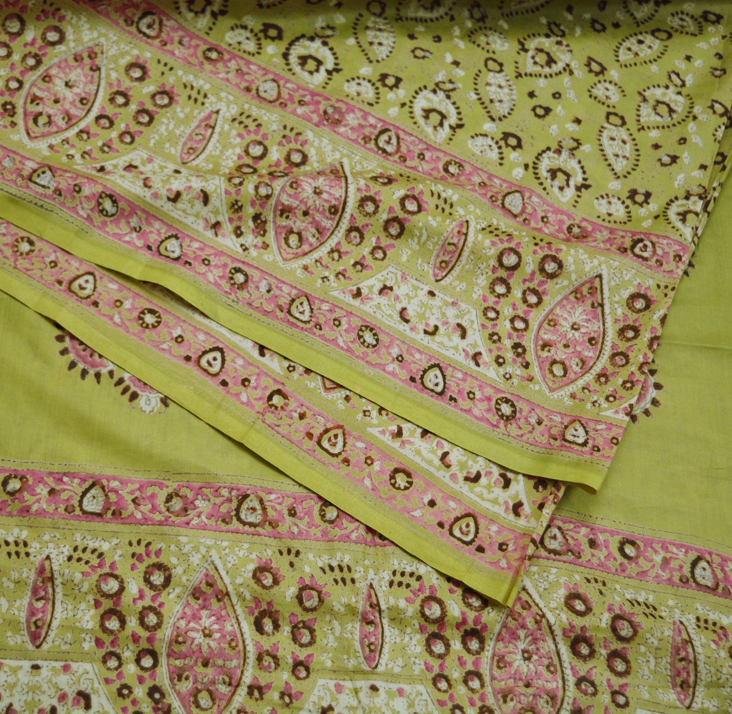 Indian Vintage Sari Beige Block Printed Pure Cotton Saree Craft Soft Fabric 5Yard Sewing Sarong Wrap Boho Floral