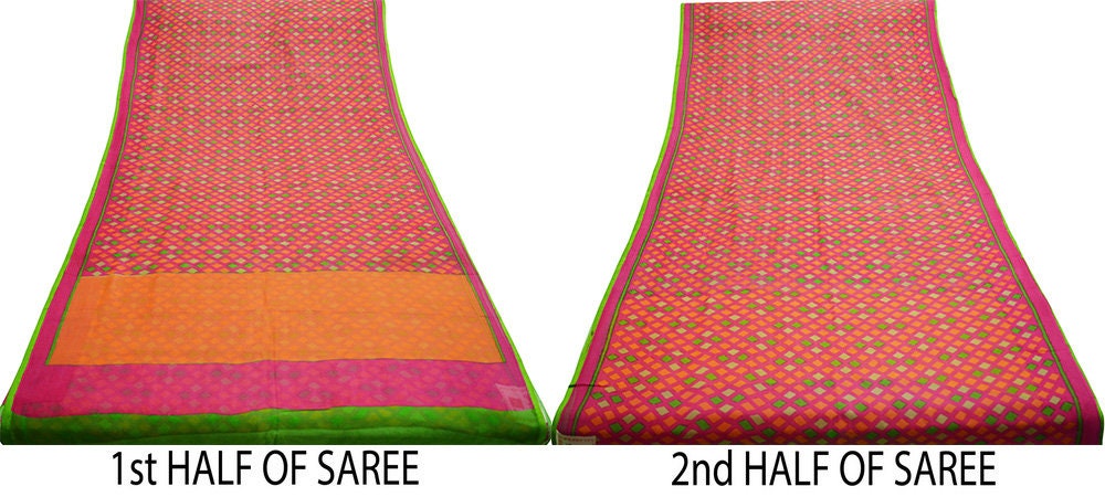 Women Vintage Sari Orange & Pink Pure Chiffon Silk Printed Saree Craft Fabric Sewing 6Yard Soft Light Sari Dress Making