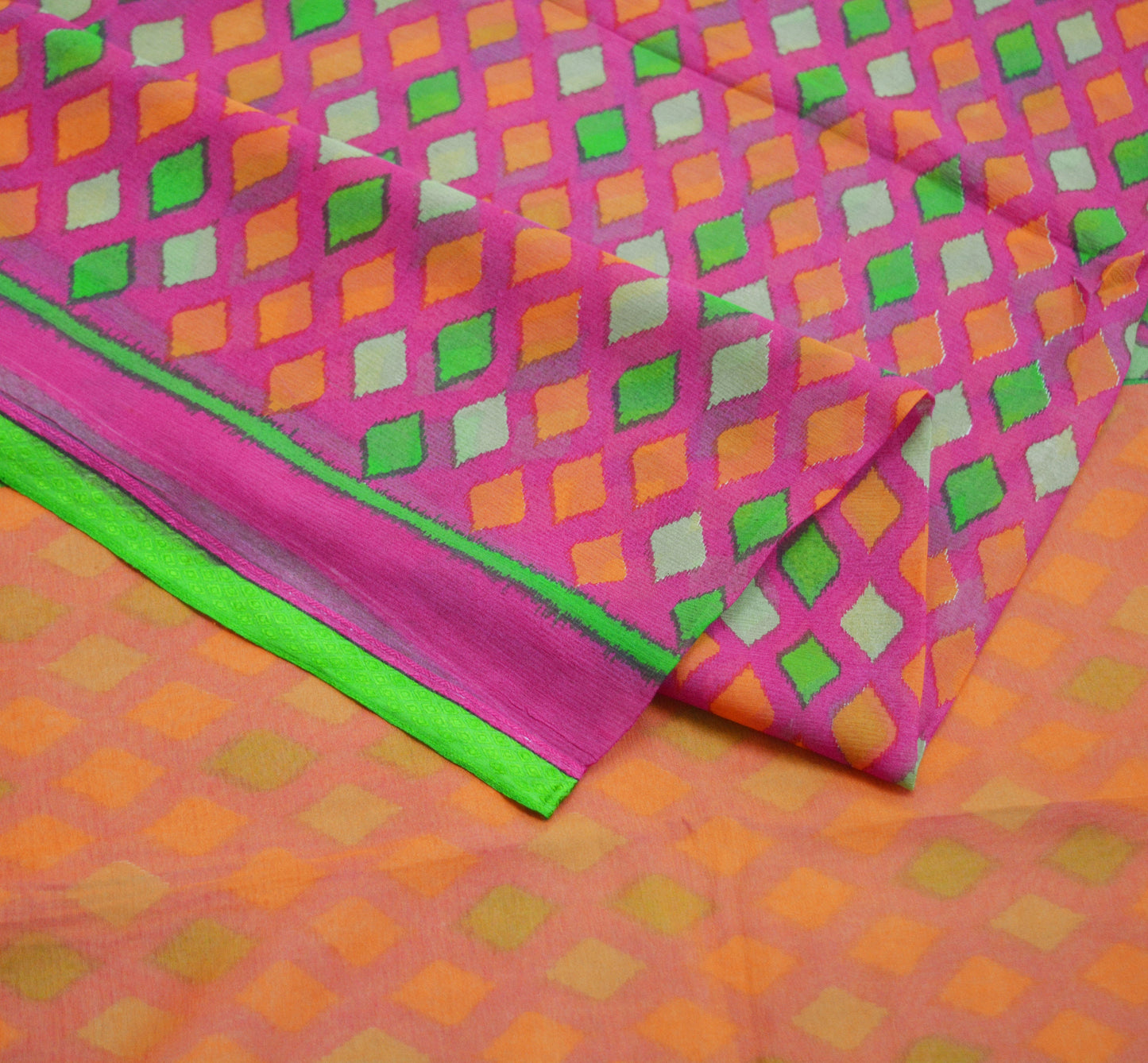 Women Vintage Sari Orange & Pink Pure Chiffon Silk Printed Saree Craft Fabric Sewing 6Yard Soft Light Sari Dress Making