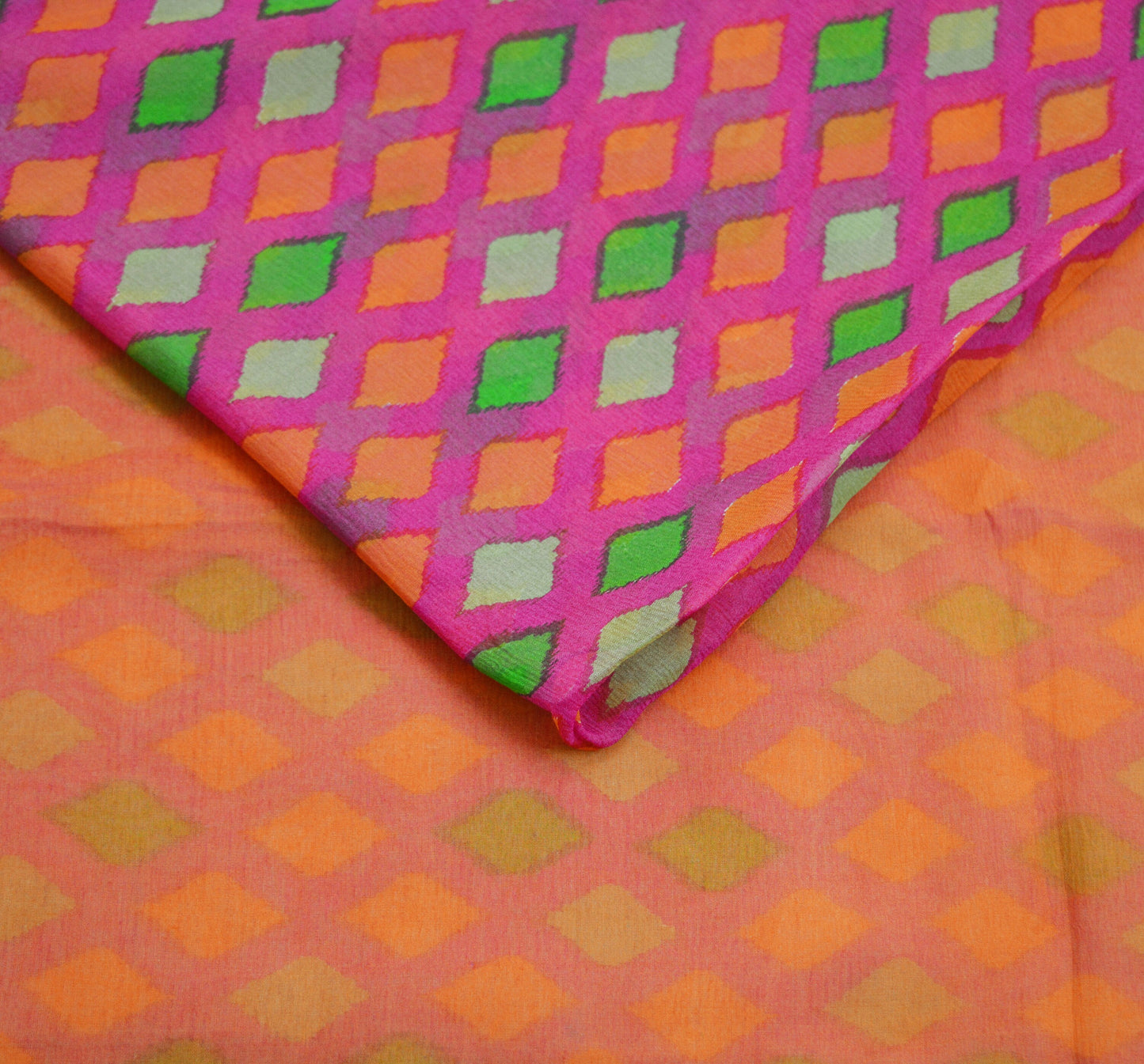 Women Vintage Sari Orange & Pink Pure Chiffon Silk Printed Saree Craft Fabric Sewing 6Yard Soft Light Sari Dress Making
