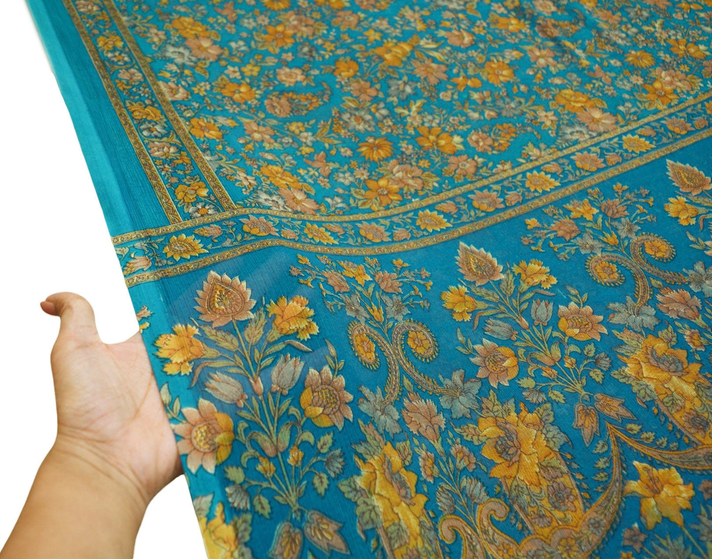 Indian Women Vintage Sari Blue Chiffon Printed Saree Sewing 6yard Soft Craft Floral Design Wrap Boho