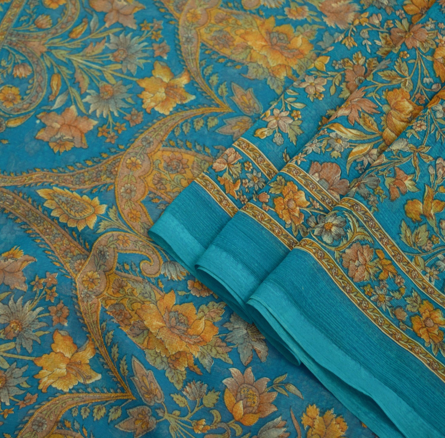 Indian Women Vintage Sari Blue Chiffon Printed Saree Sewing 6yard Soft Craft Floral Design Wrap Boho