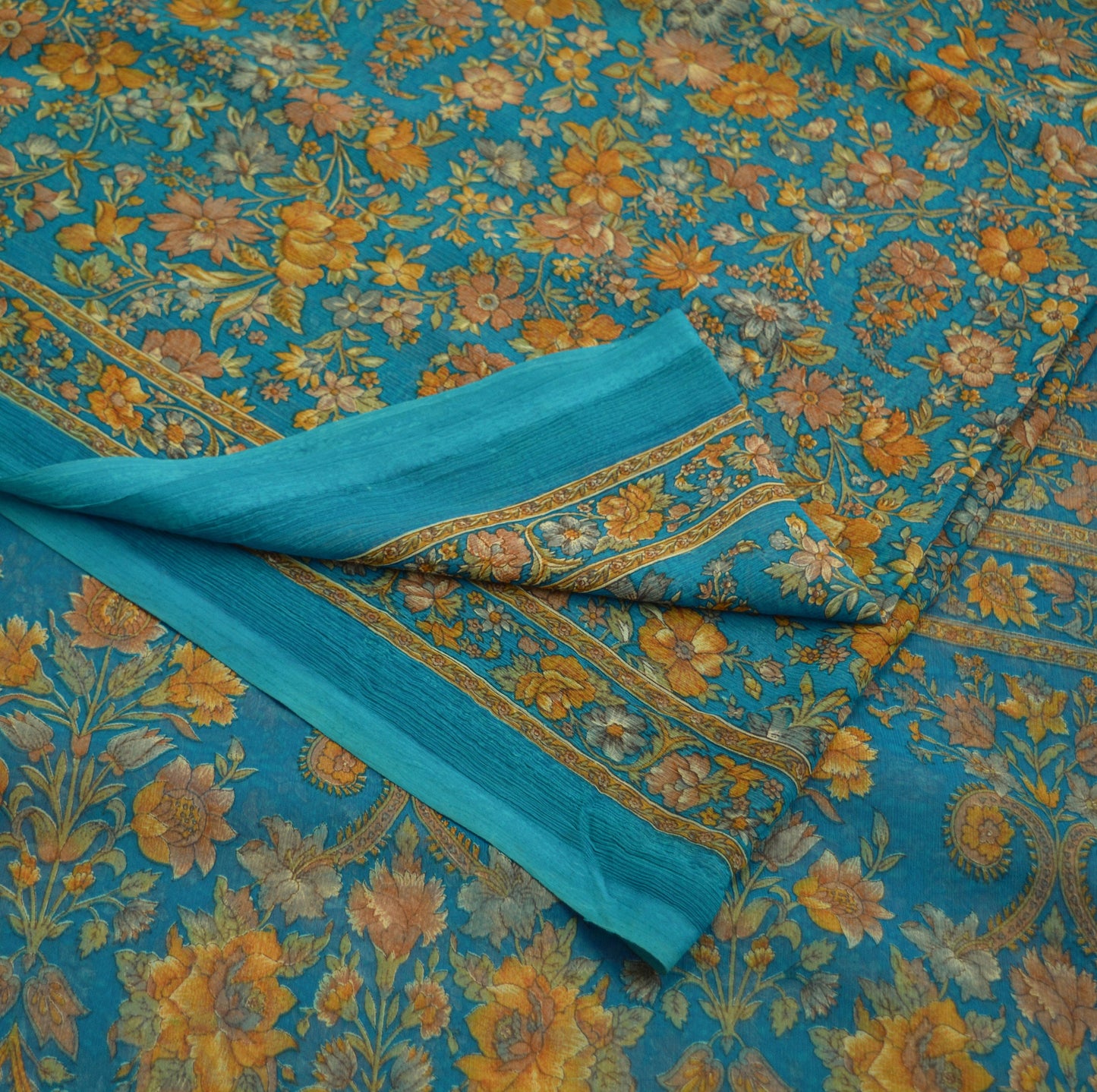 Indian Women Vintage Sari Blue Chiffon Printed Saree Sewing 6yard Soft Craft Floral Design Wrap Boho