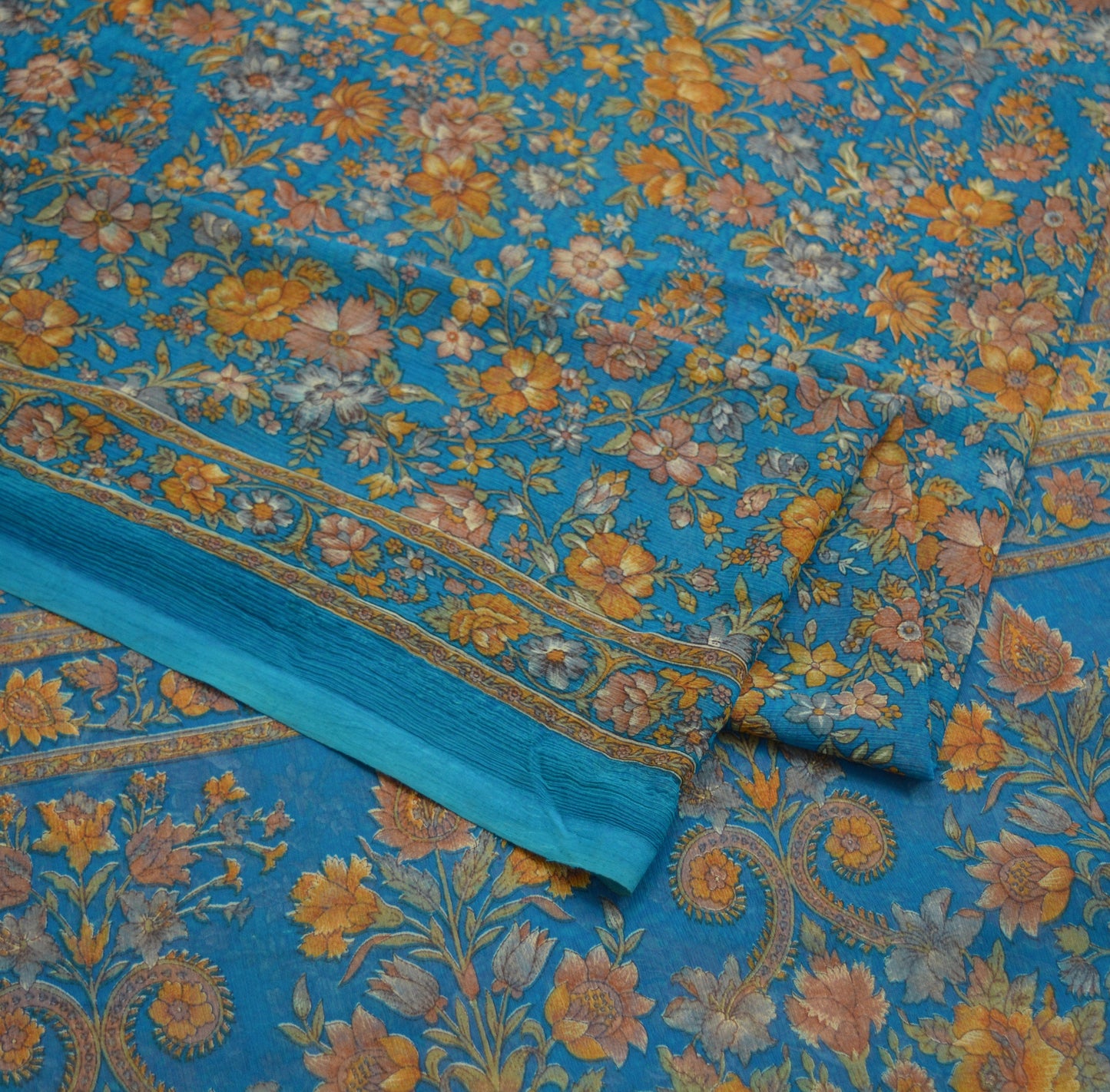 Indian Women Vintage Sari Blue Chiffon Printed Saree Sewing 6yard Soft Craft Floral Design Wrap Boho