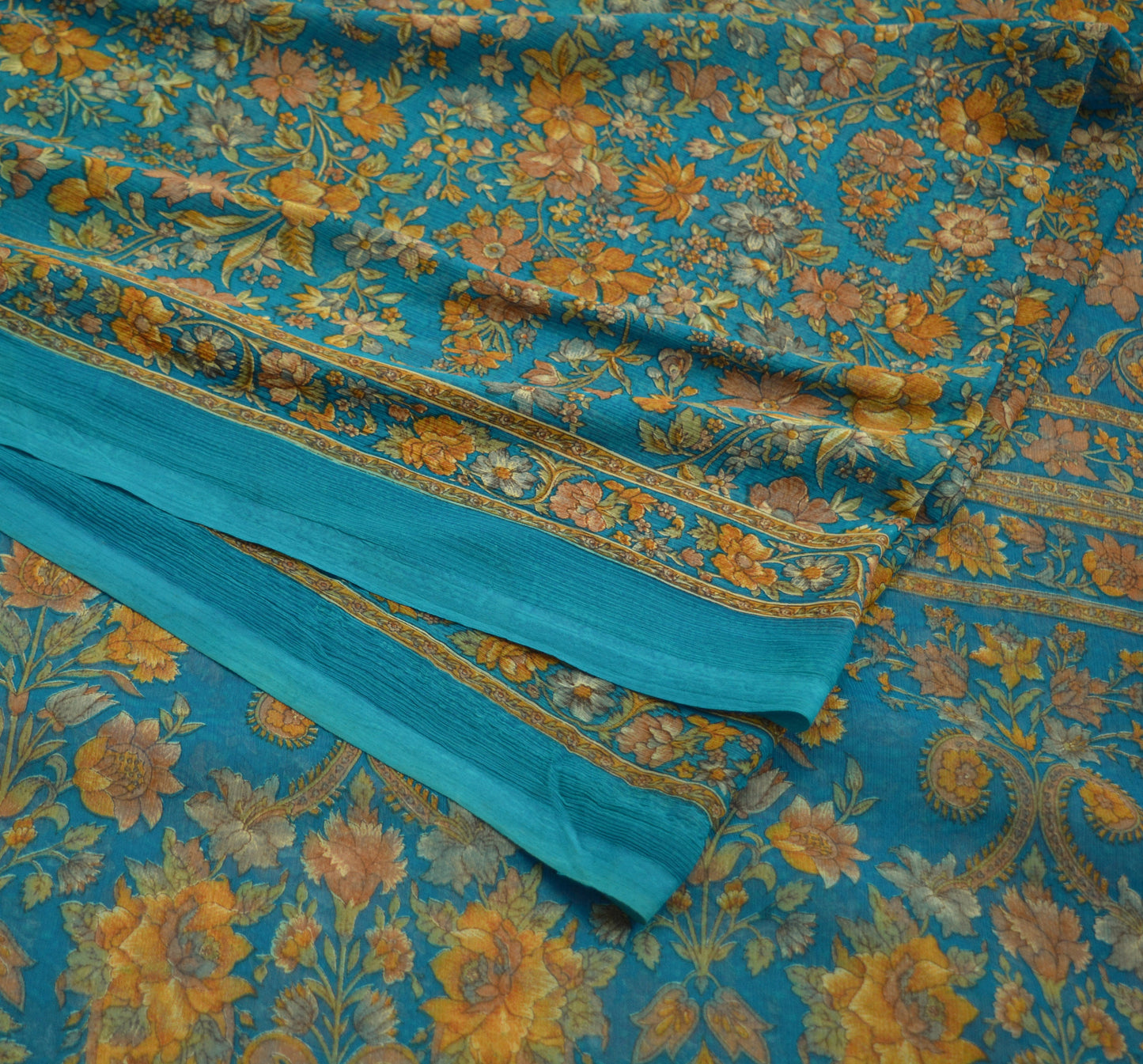 Indian Women Vintage Sari Blue Chiffon Printed Saree Sewing 6yard Soft Craft Floral Design Wrap Boho