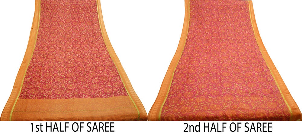 Women Vintage Sari Orange & Pink Pure Chiffon Silk Printed Saree Craft Fabric Sewing 6Yard Soft Light Sari Dress Making Zari