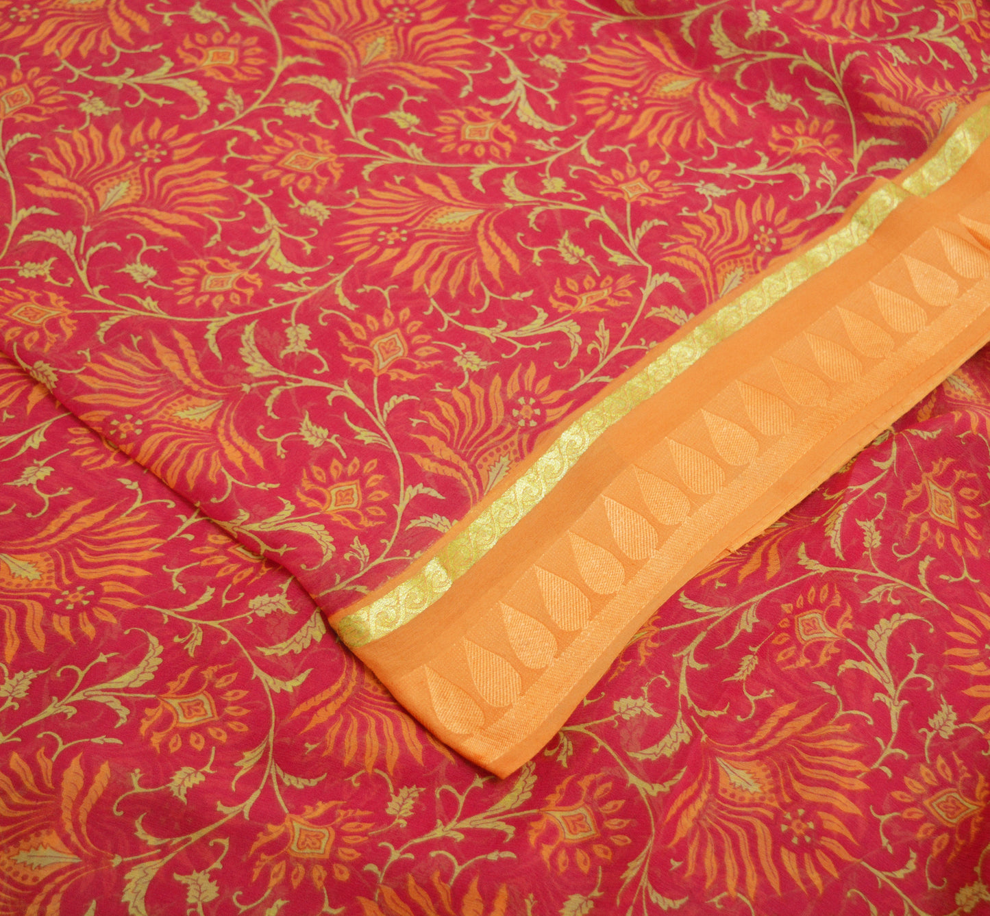 Women Vintage Sari Orange & Pink Pure Chiffon Silk Printed Saree Craft Fabric Sewing 6Yard Soft Light Sari Dress Making Zari