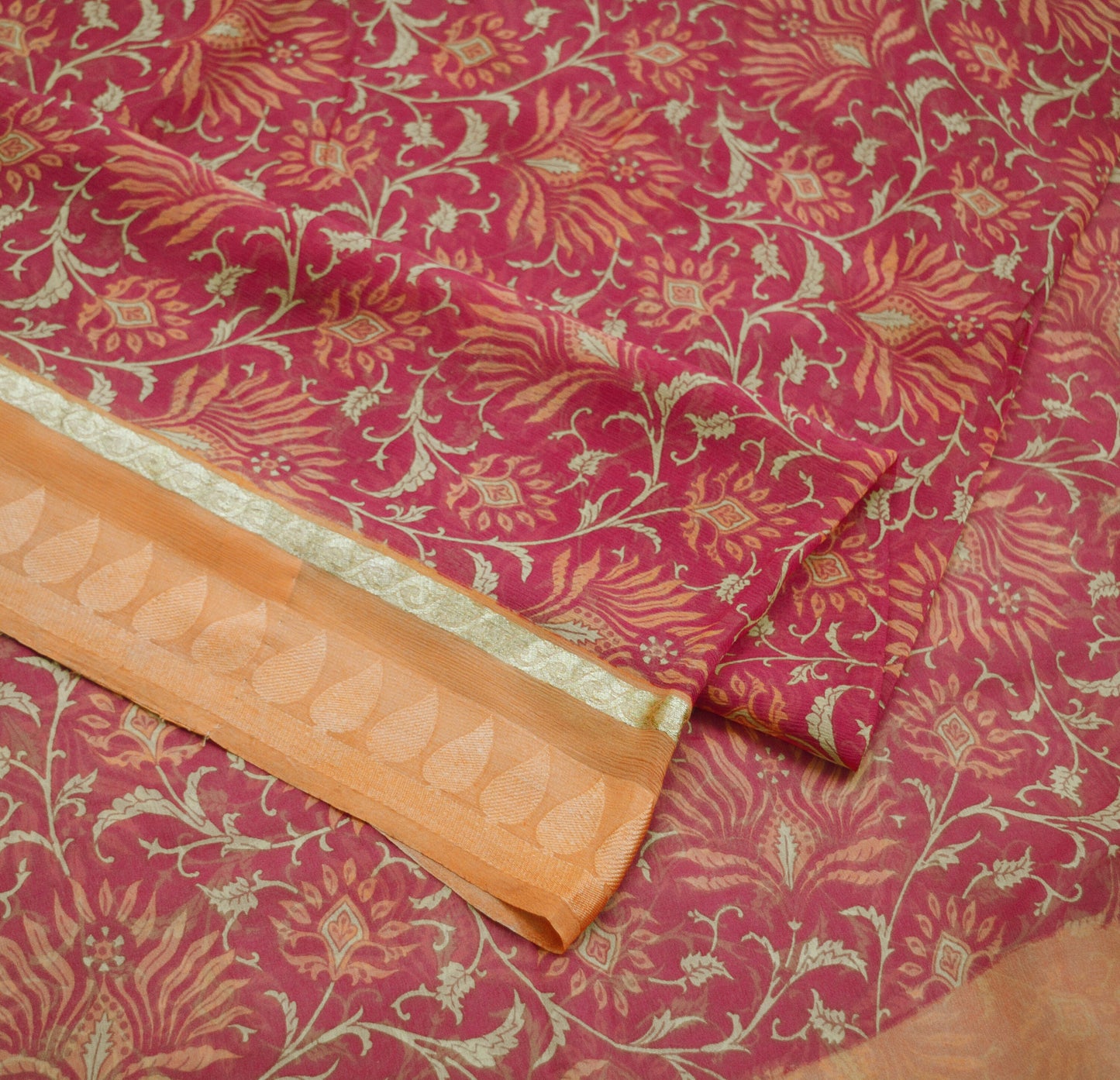 Women Vintage Sari Orange & Pink Pure Chiffon Silk Printed Saree Craft Fabric Sewing 6Yard Soft Light Sari Dress Making Zari