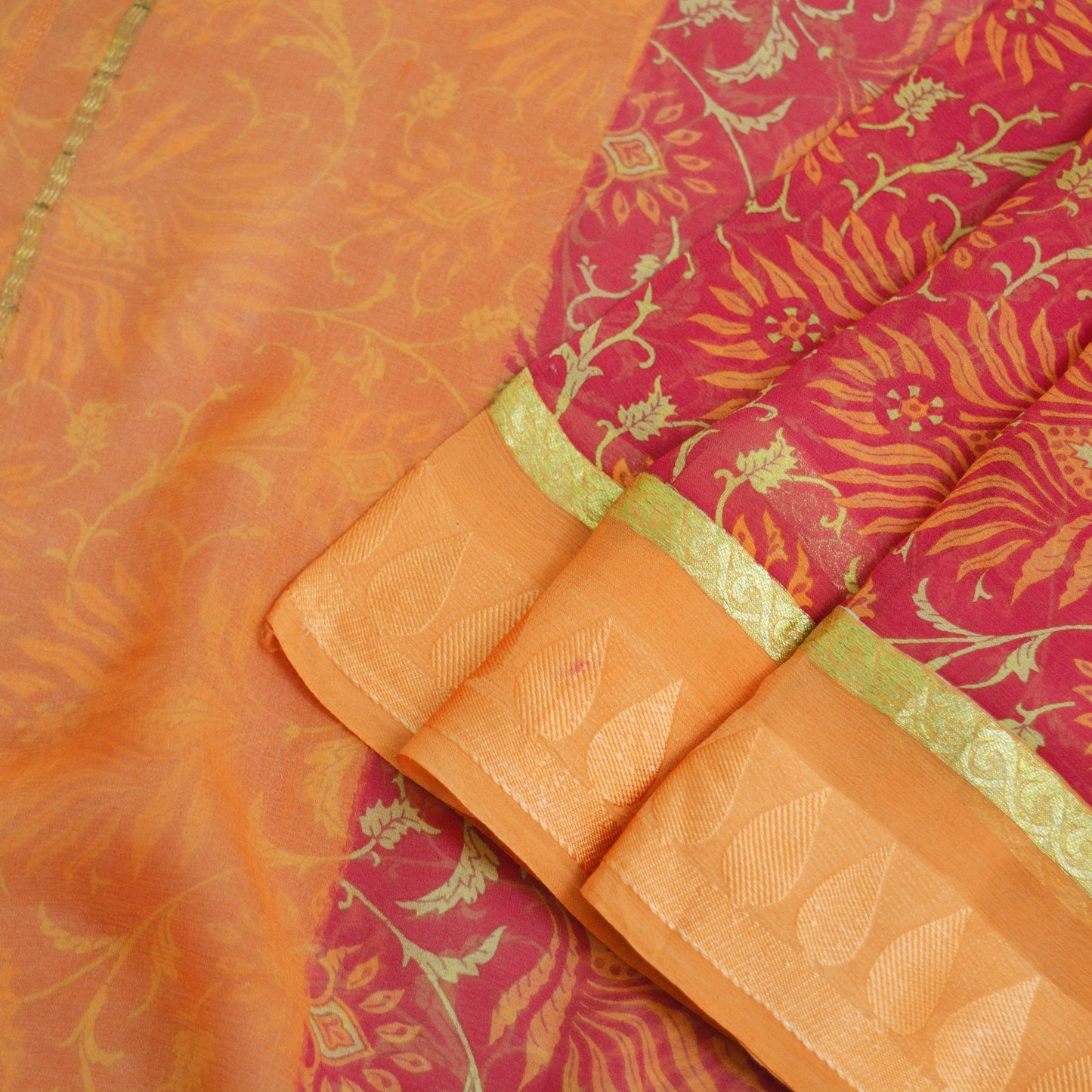 Women Vintage Sari Orange & Pink Pure Chiffon Silk Printed Saree Craft Fabric Sewing 6Yard Soft Light Sari Dress Making Zari