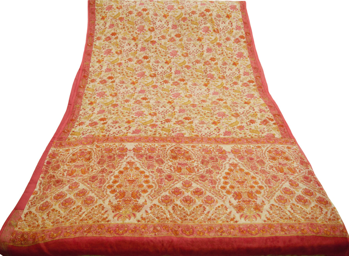 Women Vintage Sari Pink & Beige Pure Chiffon Silk Printed Saree Craft Fabric Sewing 5Yard Soft Light Sari Dress Making