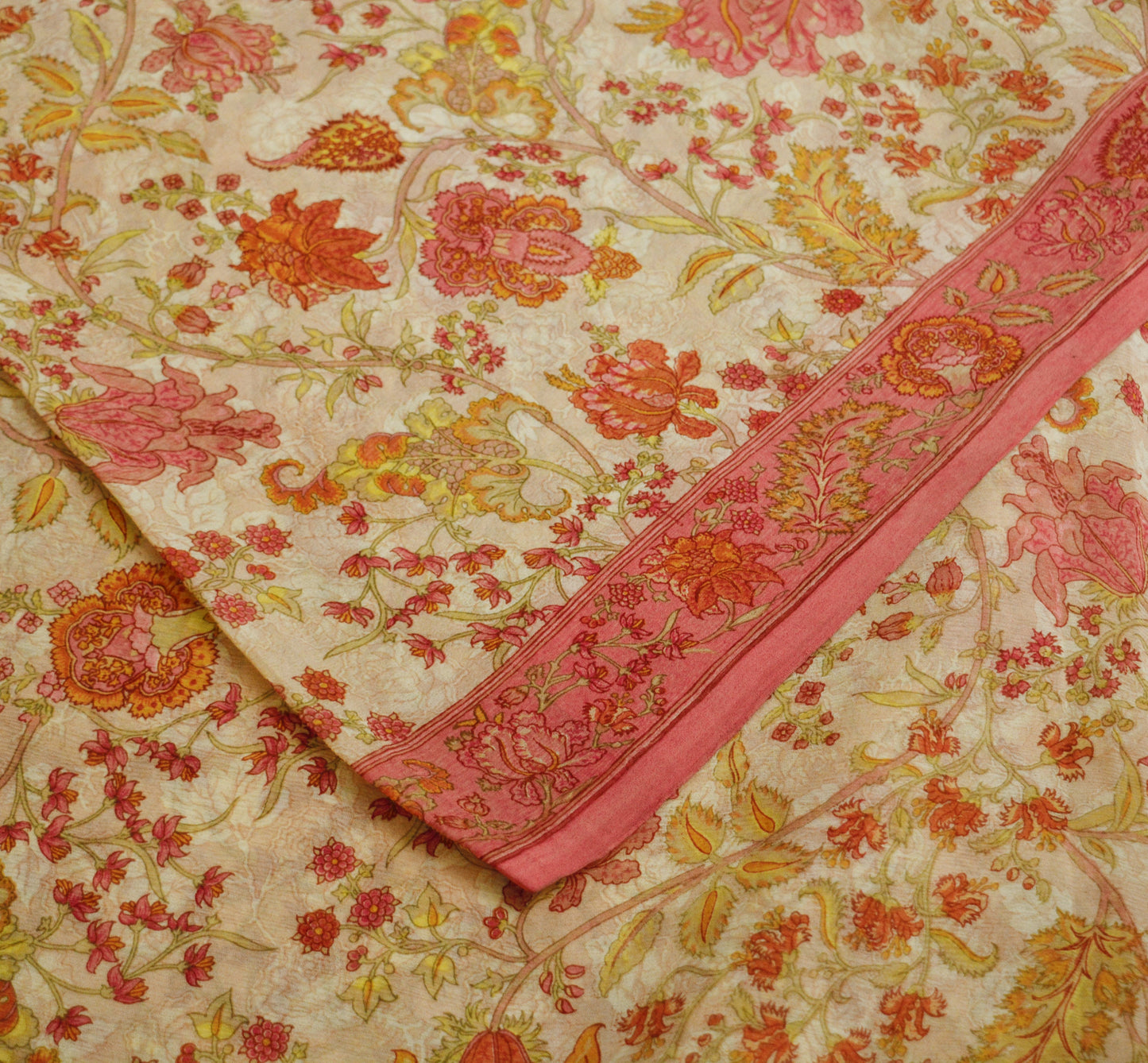 Women Vintage Sari Pink & Beige Pure Chiffon Silk Printed Saree Craft Fabric Sewing 5Yard Soft Light Sari Dress Making
