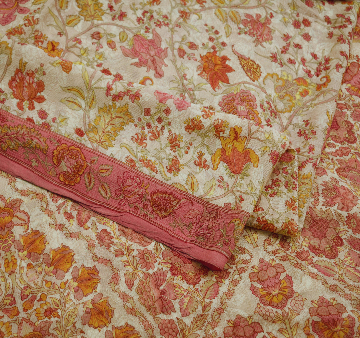 Women Vintage Sari Pink & Beige Pure Chiffon Silk Printed Saree Craft Fabric Sewing 5Yard Soft Light Sari Dress Making