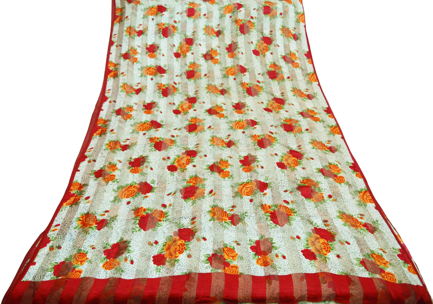Women Vintage Sari Beige & red Pure Chiffon Silk Block Printed Saree Craft Fabric Sewing 5Yard Soft Light Sari Dress Making