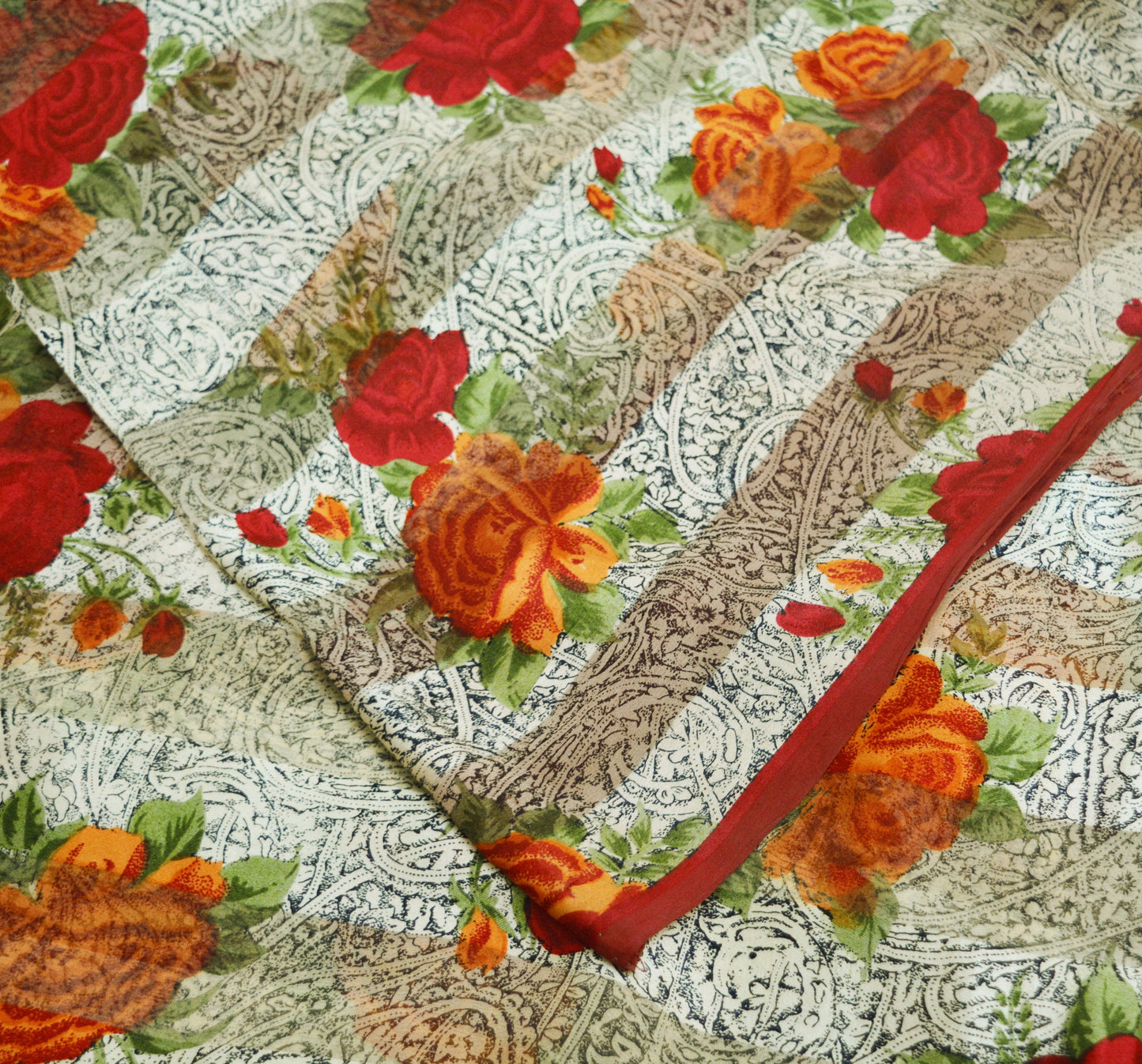 Women Vintage Sari Beige & red Pure Chiffon Silk Block Printed Saree Craft Fabric Sewing 5Yard Soft Light Sari Dress Making